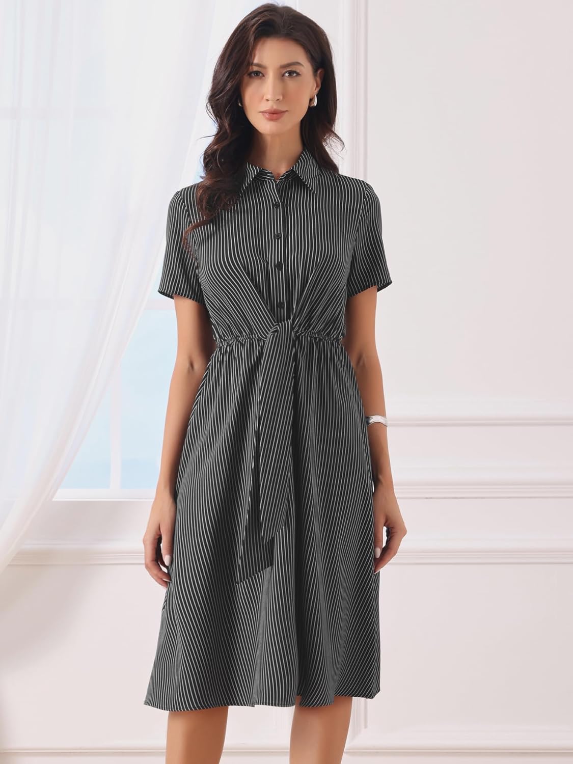 Allegra K Striped Work Dress for Women's Lapel Collared Tie Waist Offcie Button Down Short Sleeve Long Casual Dresses - Image 3