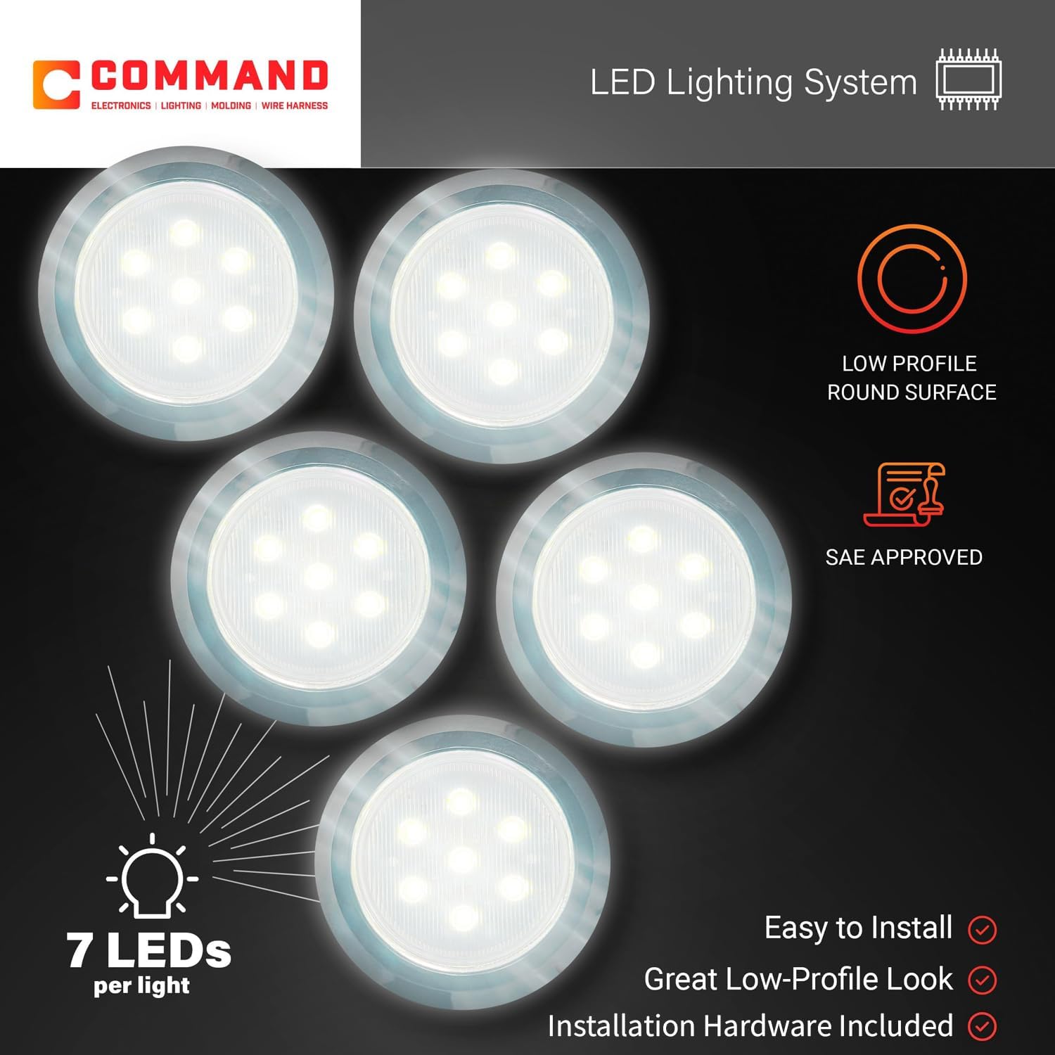 Command Electronics 12V LED White Light Surface Mount Dome with Chrome Trim Ring - OEM RV Camper Bus Truck & Trailer Light - Made in USA - Hardware & Connectors Included | 3" Diameter (5 Pack)