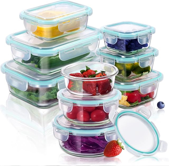 Midyb Glass Food Storage Containers, 9 Piece Glass Meal Prep Containers with Locking Lids, BPA Free Airtight Lunch Boxes, Microwave, Freezer, Dishwasher and Oven Safe¡