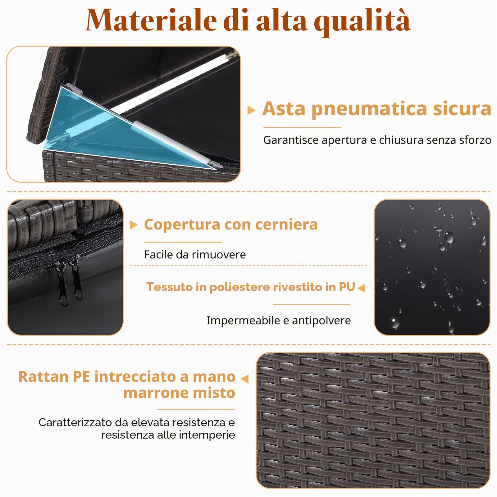 KOMFOTTEU Scatola portaoggetti per esterni, arrotolabile, in polyrattan, con maniglie, contenitore portaoggetti 150 x 77 x 72 cm, impermeabile con coperchio, contenitore con spazio ventilato