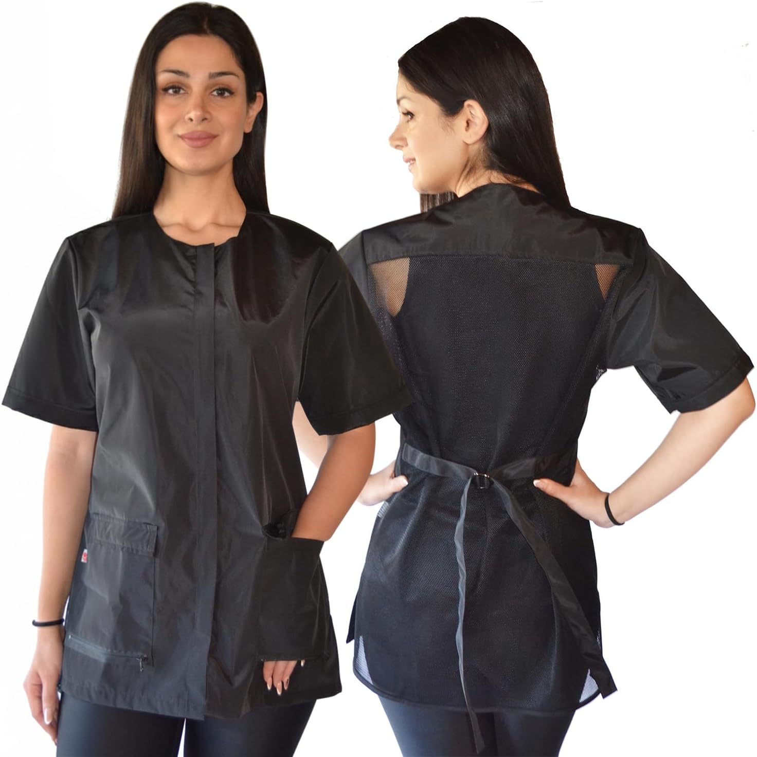 Ladybird Line 950 Classic Black Waterproof Jacket, 2 Front Pockets, Mesh Back, Hair Bleach Resistant, Adjustable Tie Belt