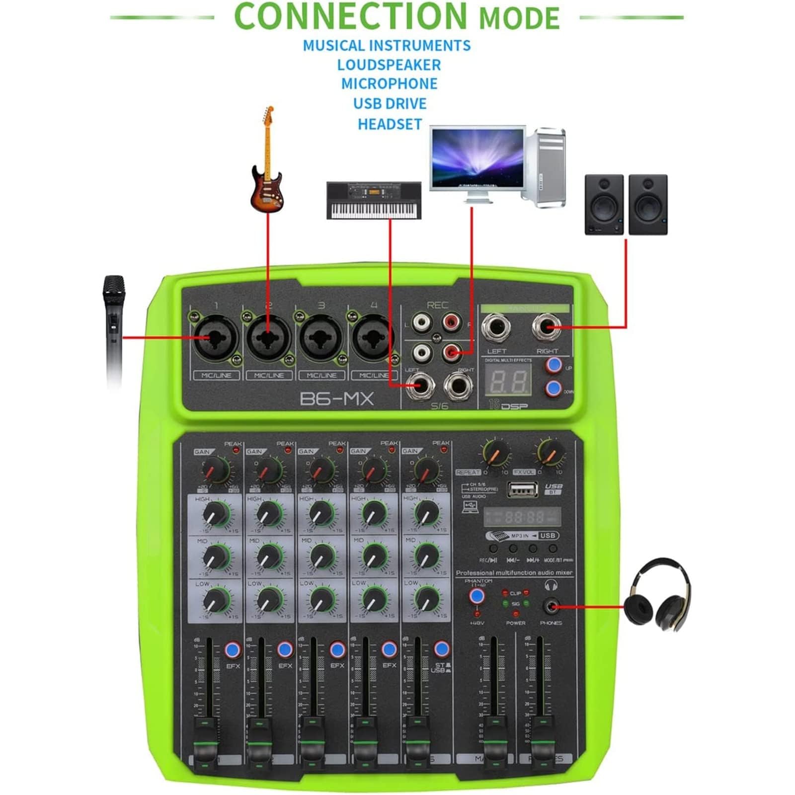 Mezclador de audio de 6 canales con Bluetooth, procesador de reverberación, alimentación Phantom de 48 V y 16 efectos DSP para transmisión en vivo, podcast y juegos