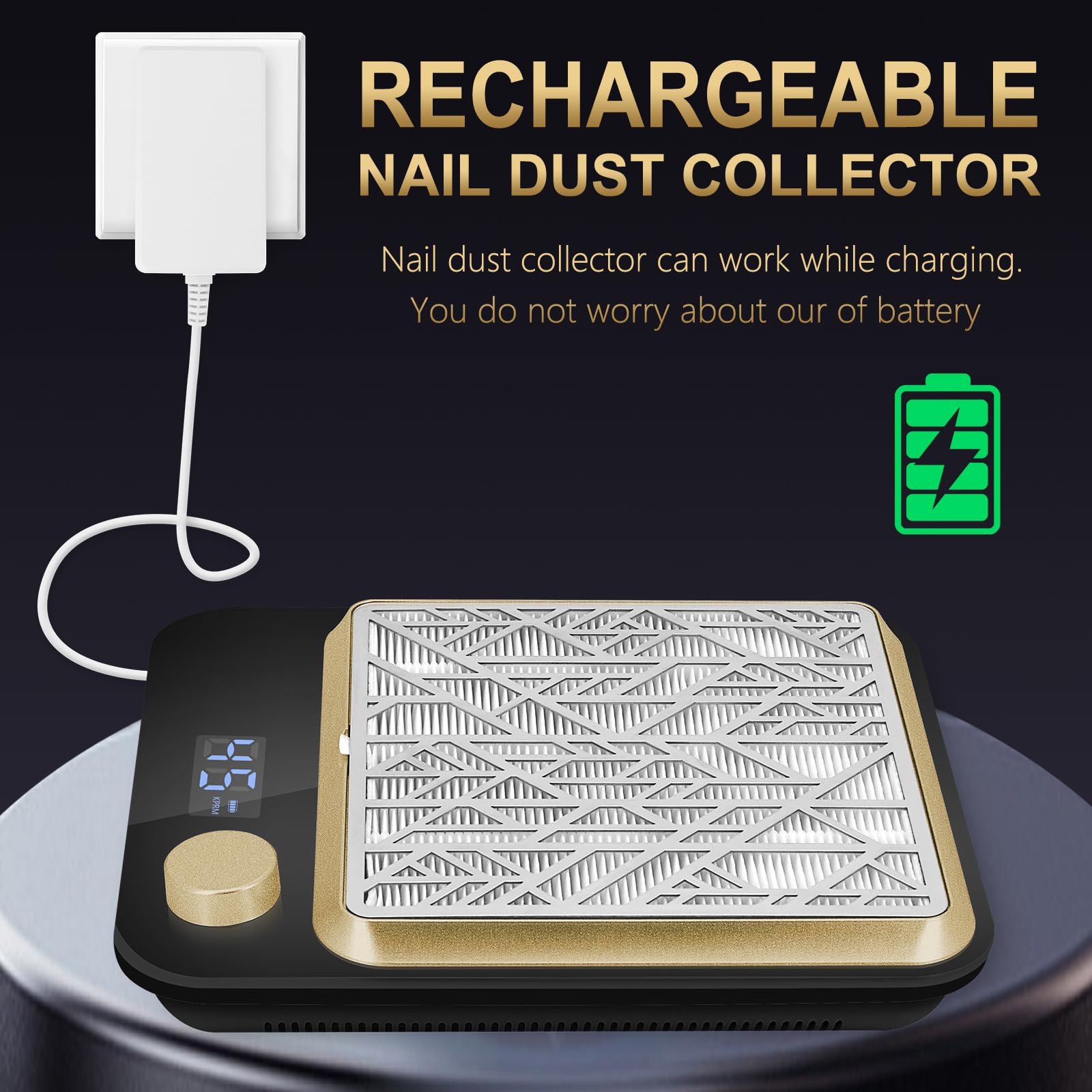 Aspirador de uñas de manicura recargable, colector de polvo de manicura de succión ajustable, aspirador de uñas profesional con filtros reutilizables y pantalla LED (negro)