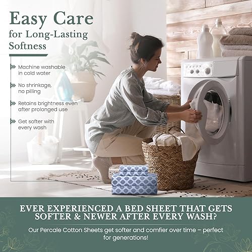 Miniatura 6 de FEATHER & STITCH NEW YORK Juego de sábanas refrescantes de 100 % algodón de tejido percal de 300 hilos, 4 piezas con bolsillos elásticos de 16