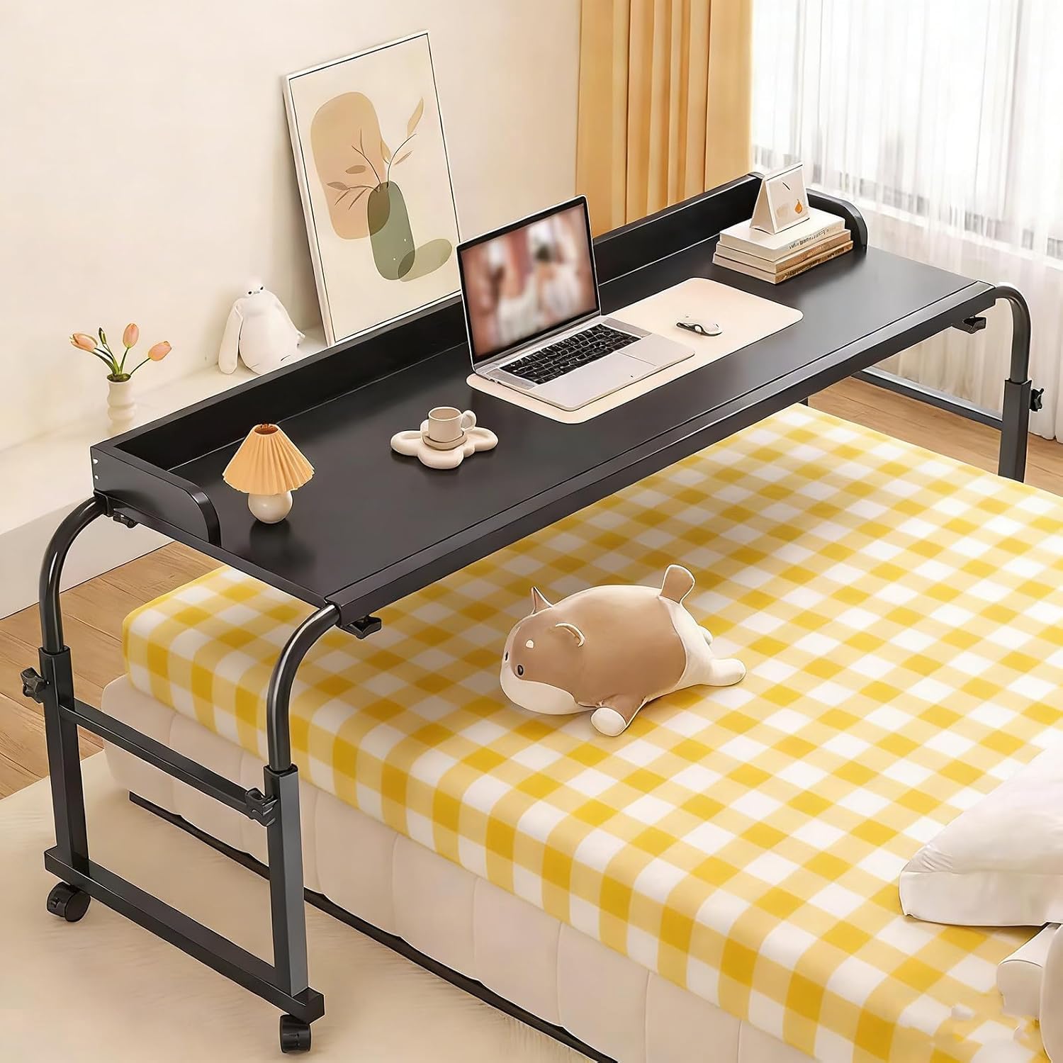 GXQFC Mobile Over The Bed and Recliner Table, Laptop Cart Computer Desk Food Tray Desk Rolling Medical Table for Full/Queen/King Size Bed Frame(Color:Black)