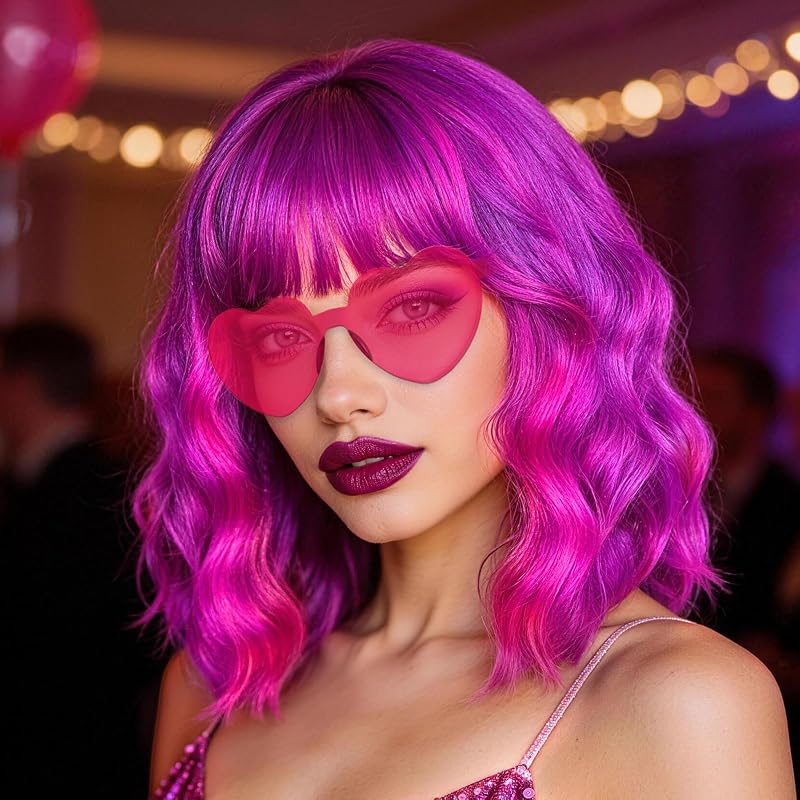 Colored Wavy Bob Wig with Bangs Heart Sunglasses for Women, Neon Party Loose Curly Synthetic Wigs with Hair Cap for 80S Halloween Costume Cosplay Bachelorette Birthday Party