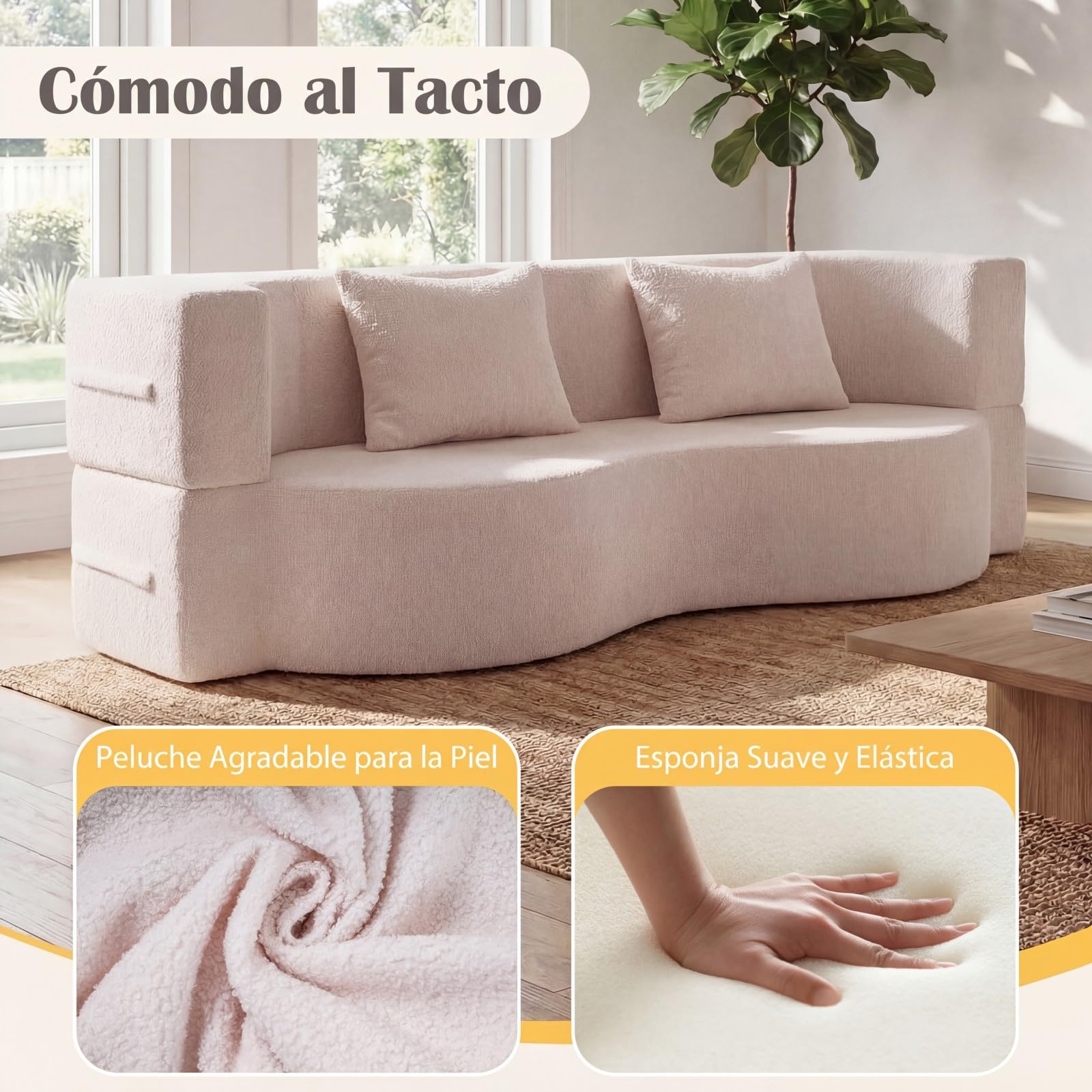 COSTWAY Sofá Cama de 2 Plazas, 192,5 cm, Sofá Convertible en Cama 2 en 1 de Tela de Polar Teddy con 2 Almohadas, sin Montaje, Sofa Comprimido de 2 Plazas sin Marco para Salón Cuarto Invitados (Blanco)