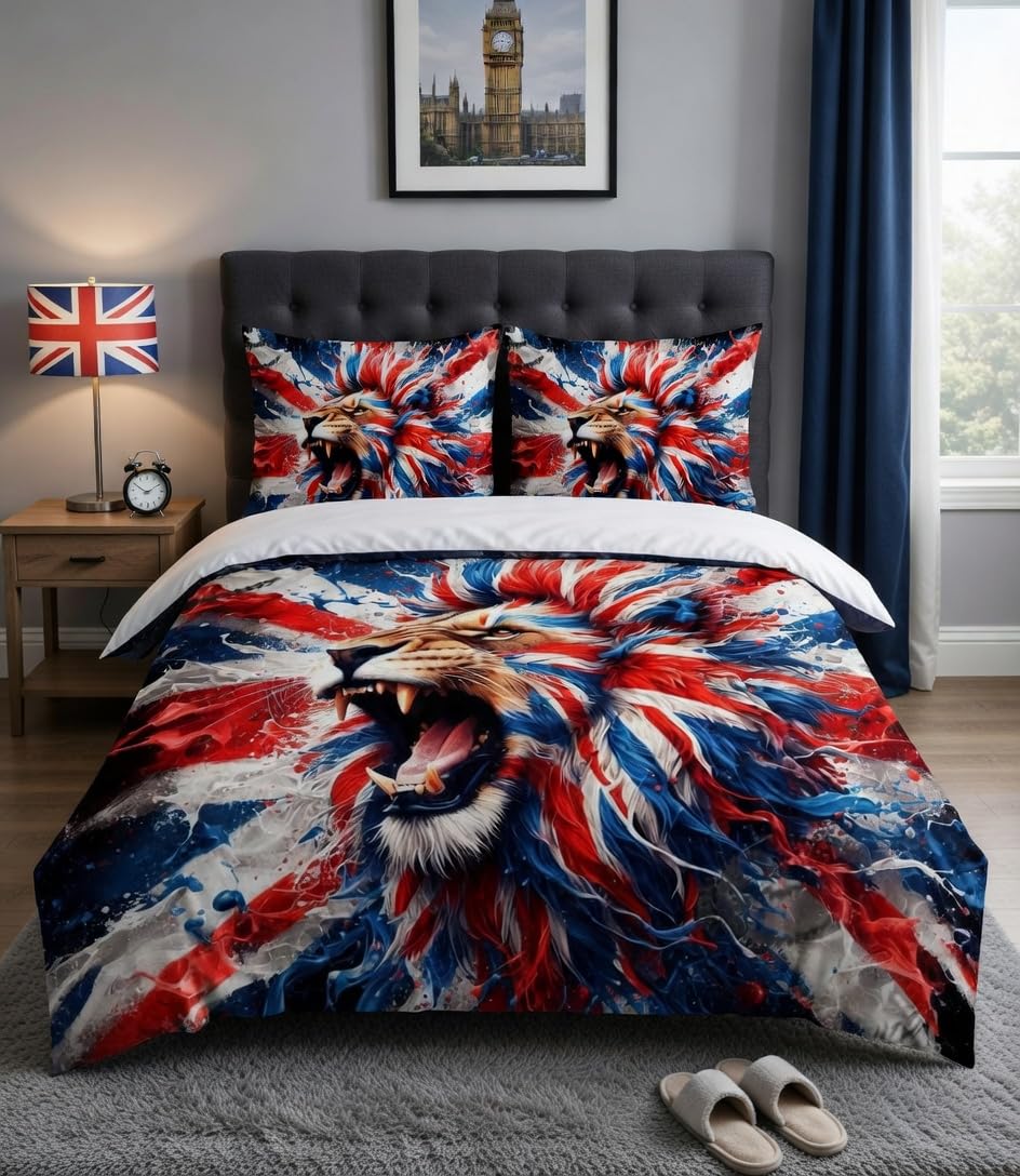 Adam Home Roaring Lion Union Jack 3D Digital Printed Union Jack Duvet Cover Set With Pillowcases Home Bedroom Décor Microfiber King Bedding Set Made In Uk |
