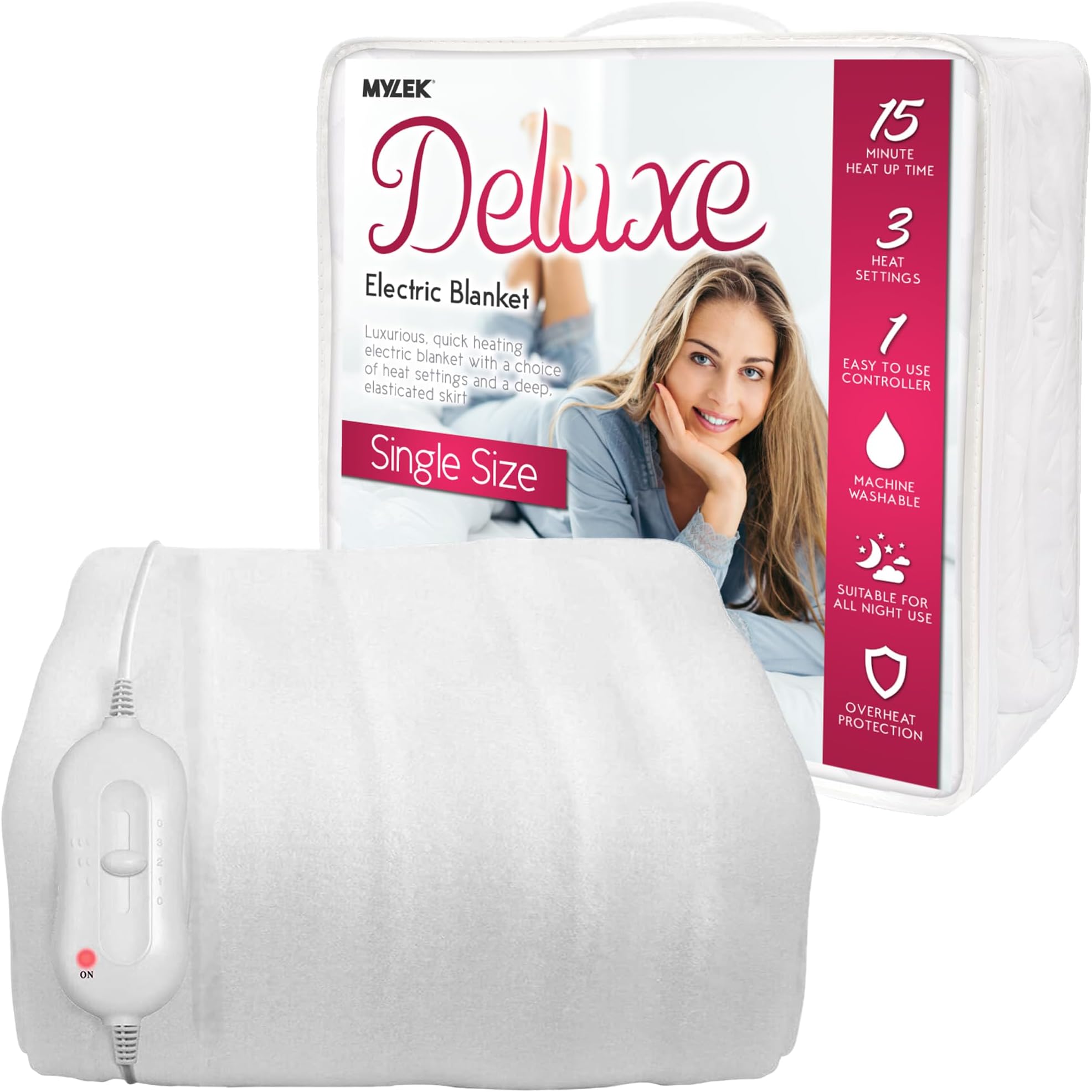 MYLEK Electric Blanket Single Size, Fully Fitted Heated Mattress Cover Underblanket with Elasticated Skirt, Overheat Protection, Fast Heat Up, Machine Washable and Safe For All Night Use (Single)