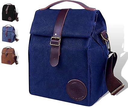 Insulated Waxed Canvas Lunch Bag by ASEBBO, Lunch Box for Women, Men with Genuine Leather Handle and Strong Buckle-Closure to Keep Your Food Cool, Lunch Tote with Adjustable Strap (Blue)
