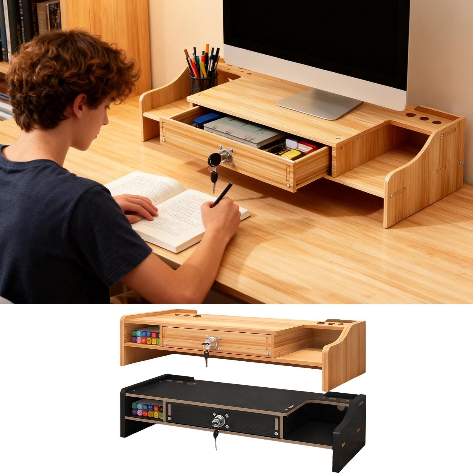 Soporte Para Monitor Estante Organizador Escritorio Madera Con Cajón