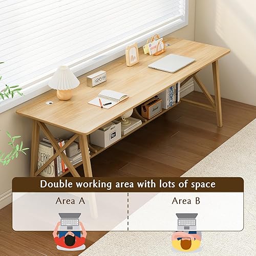 Miniatura 4 de Escritorio Extra Largo con Estantería - Mesa de Trabajo de Estudio de Oficina en Casa de Madera, Estación de Trabajo de Computadora de Escritura con