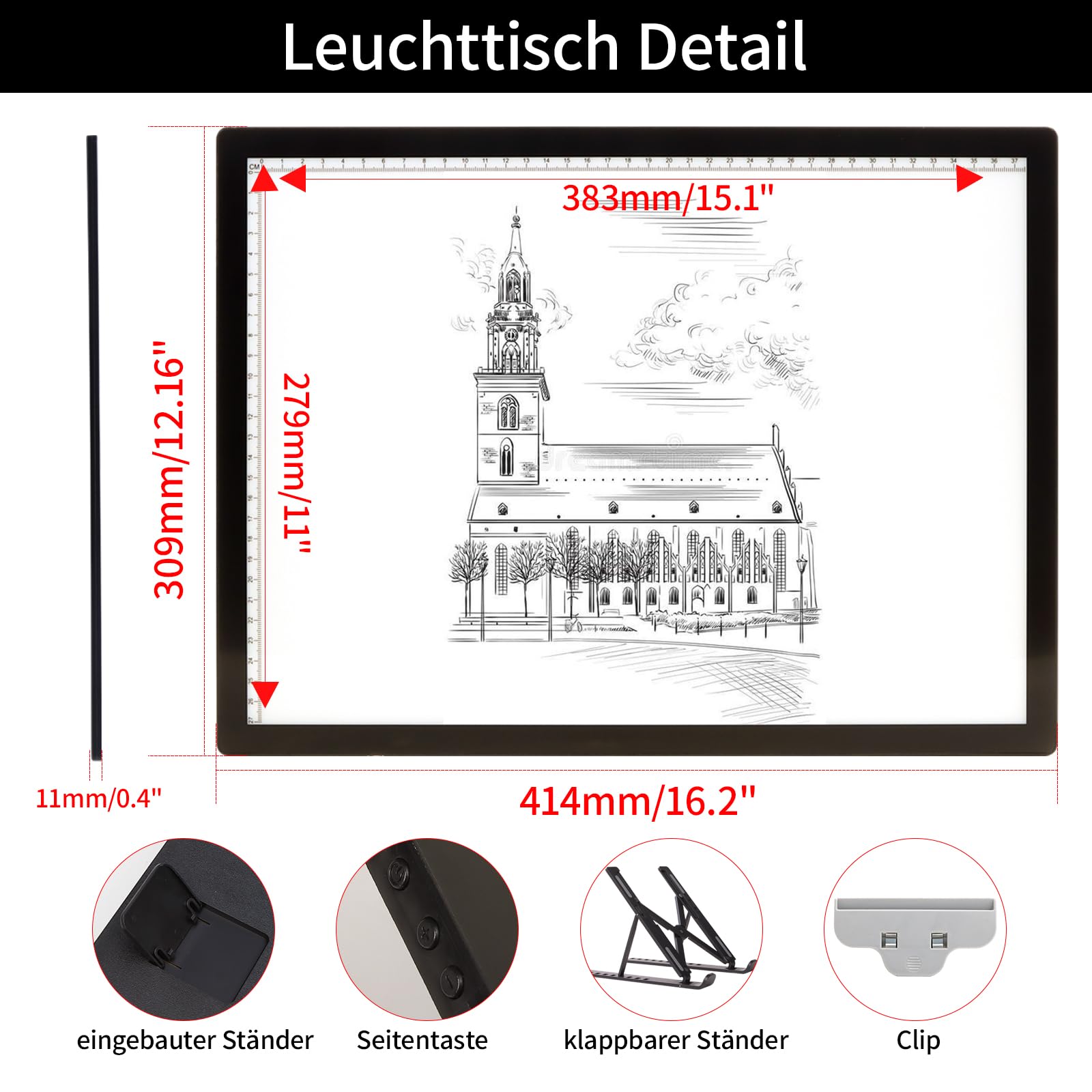 iVAOOZE Leuchttisch A3 mit Ständer/clips,3000mAH Batterie Wiederaufladbares lichtpad,3 Farben dimmbar und 6 Helligkeitsdimmen Lichtplatten für Zeichnung,Diamond Painting,Skizzieren,Tattoo,Designen