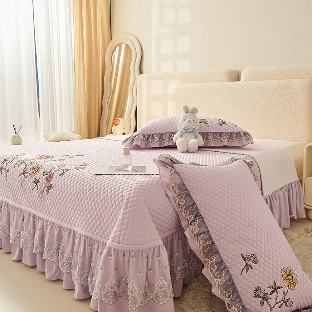 Juego de 3 colchas de Verano con Volantes Bordados y Elegantes, Ligeras y ultrasuaves, 1 Colcha Acolchada y 2 Fundas de Almohada, Color 4, 250 x 270 cm, 3 Unidades