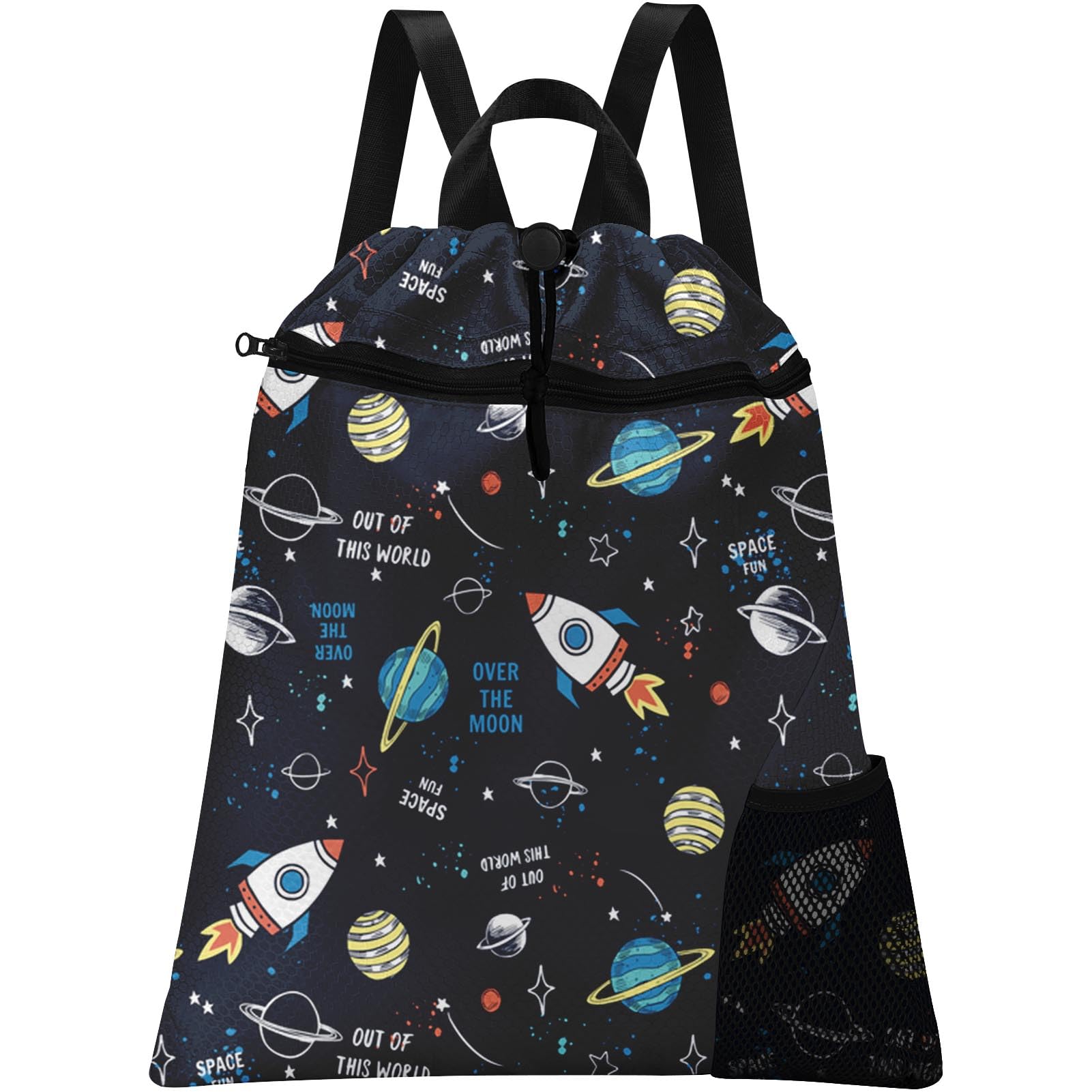 Britown Space Rocket Drawstring Backpack, 15” x 17” Waterproof Swim Bag for Beach Swimming Pool, Lightweight Foldable Gym Bag with Water Bottle Holder
