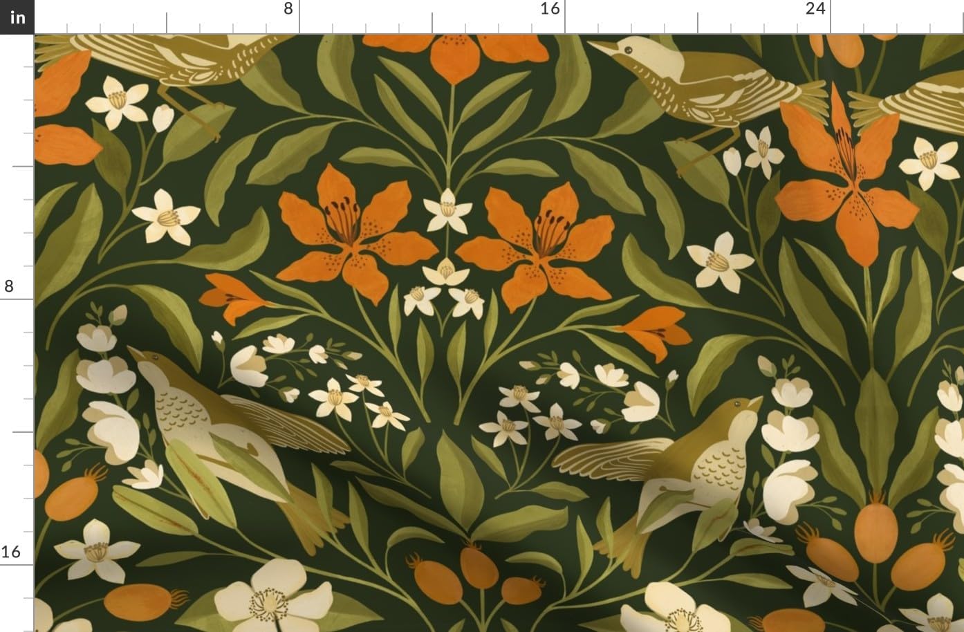 Spoonflower Fabric - Jumbo Floral Green Leaves Orange Lily Flowers Birds Printed on Organic Cotton Sateen Fabric by The Yard - Sewing Quilting Apparel Home Decor