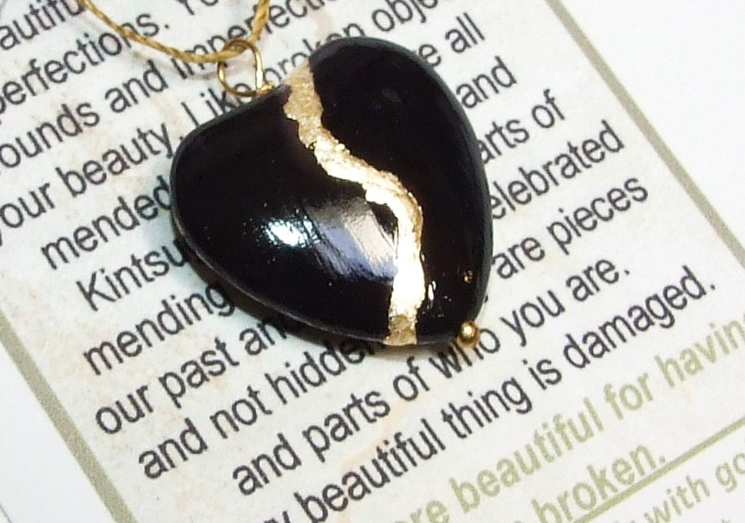Large 1" Black Howlite Broken Heart Mended with 23k Gold, Kintsugi Cord Necklace