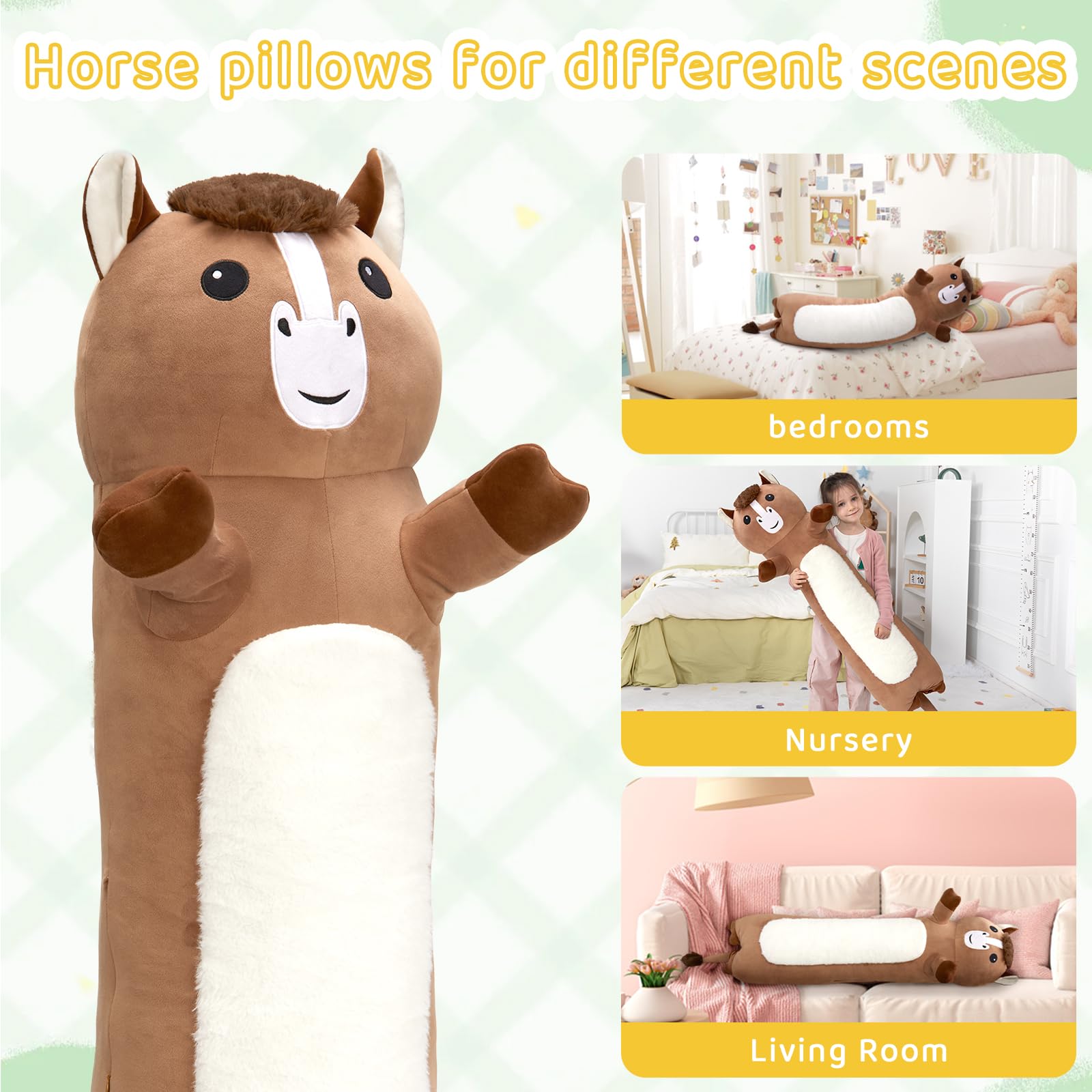 KERTA 43 Inch Giant Horse Stuffed Animals, Soft Long Stuffed Horse Plush Boby Pillow for Boys Girls, Large Stuffed Pony Toy Gift for Birthday Christmas 6