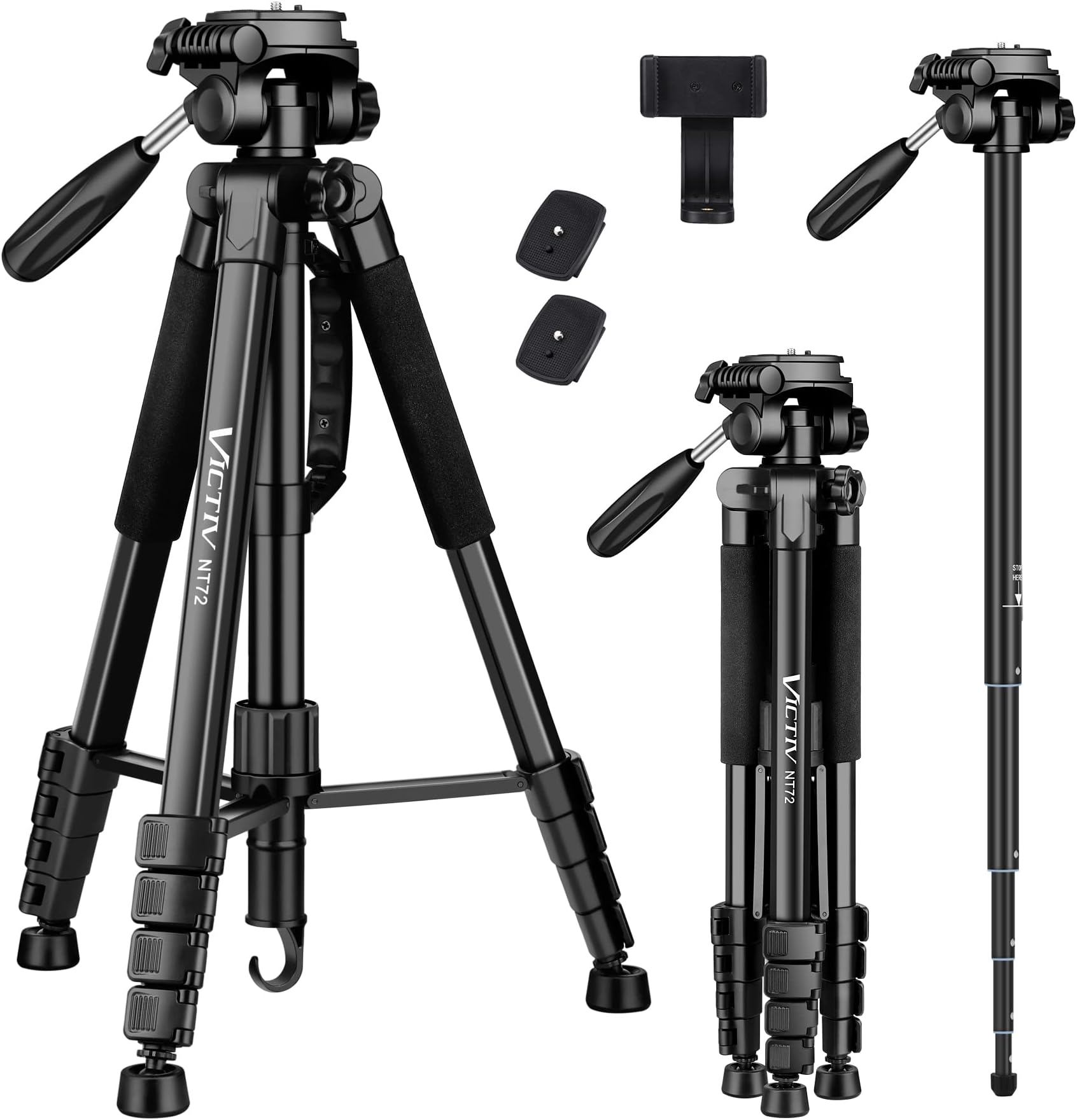 – 72-inch Camera Tripod Aluminum Monopod T72 Max. Height 182cm- Lightweight and Compact for Travel with 3-way Swivel Head and 2 Quick Release Plates for DSLR Video Shooting - Black