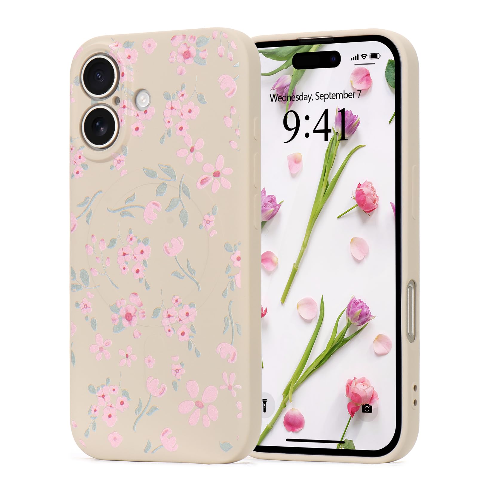 Wirvyuer Floral Elegant Design Phone Case for iPhone 16, Compatible with MagSafe Shockproof Protective Cover for Women Girls Slim Fashion Flower Case