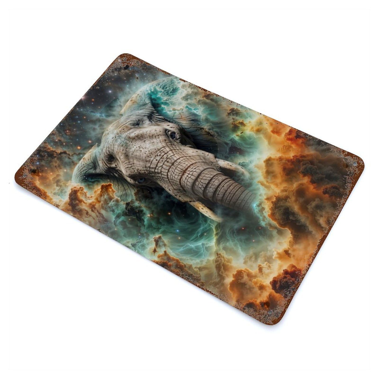 Rusty Metal Tin Sign with Cosmic Nebula Elephant Design 11.8"x7.9", for Shed, Workshop And Garage Wall Decor, Classic Wall Plaque