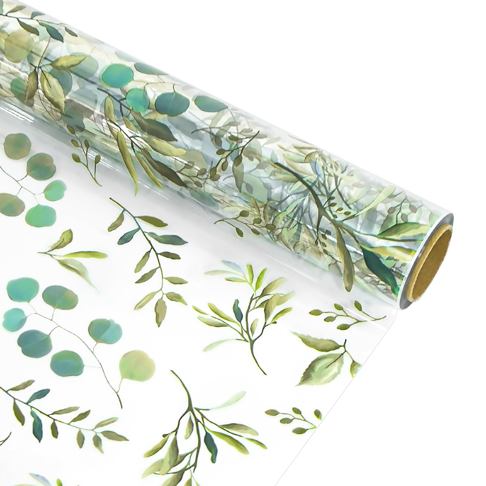Whaline Eucalyptus Cellophane Wrap Roll Greenery Clear Wrapping Paper 100 Ft x 16 Inch Green Leaves Plastic Gift Basket Wrap for Wedding Birthday Baby