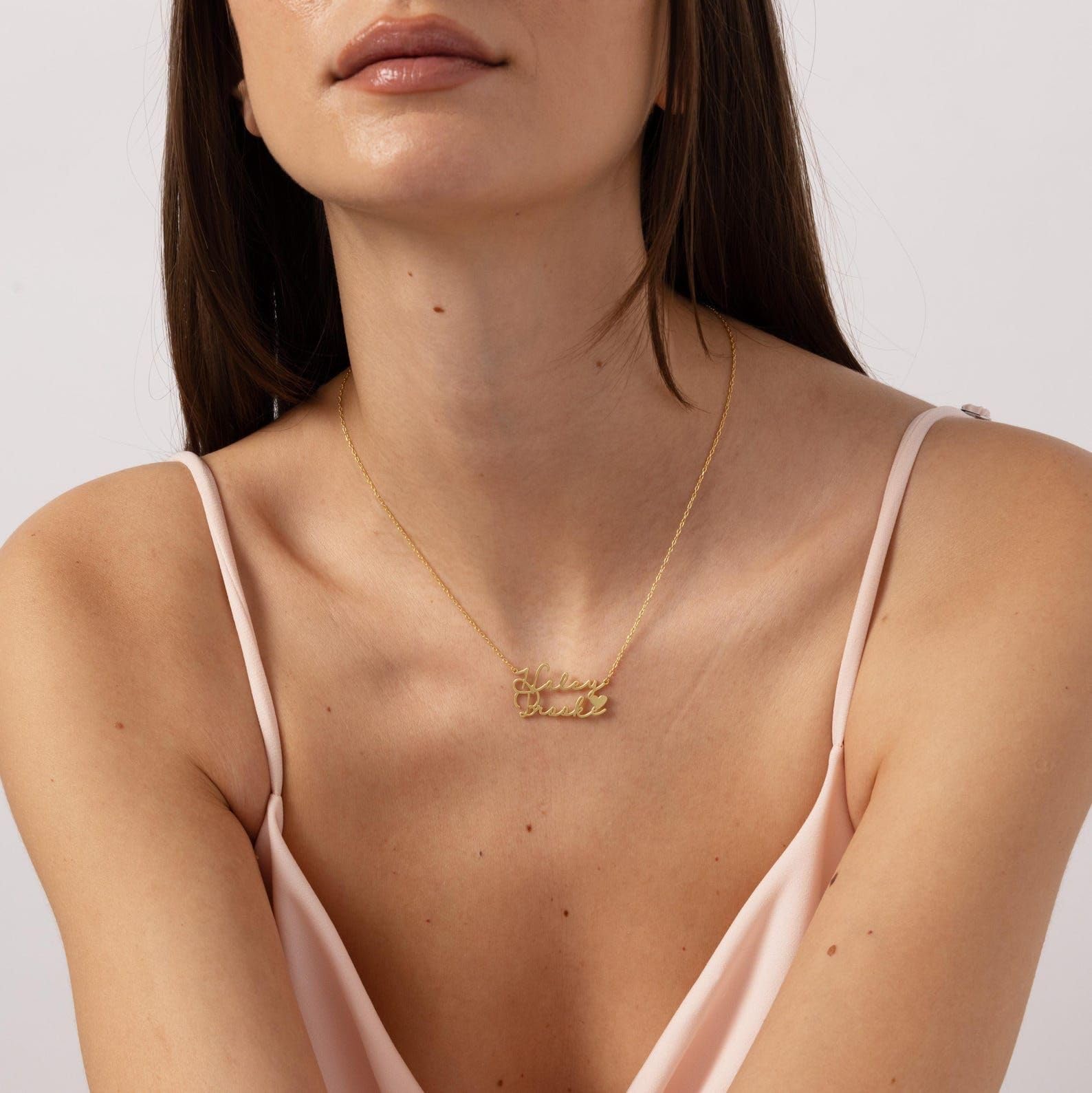 Argento due collana con nome con cuore, bambini personalizzato oro doppio Natale