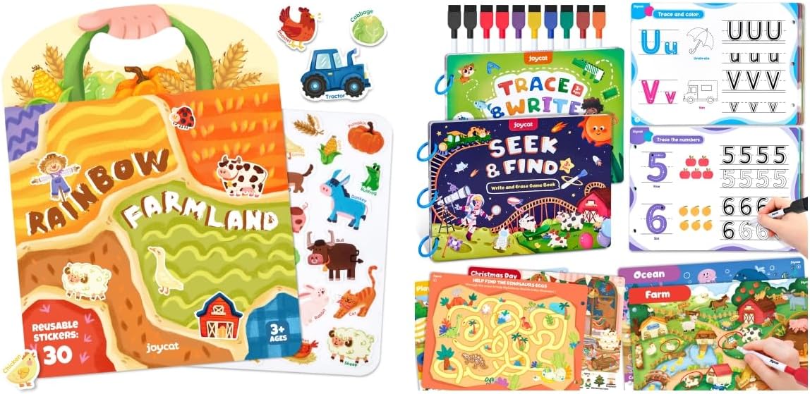 JoyCat Reusable Sticker Book - Jelly Animal Stickers for Toddlers + Preschool Learning Activities Set (2-Pack) – Seek & Find Game Books and Letters Numbers Handwriting Practice Tracing Workbooks