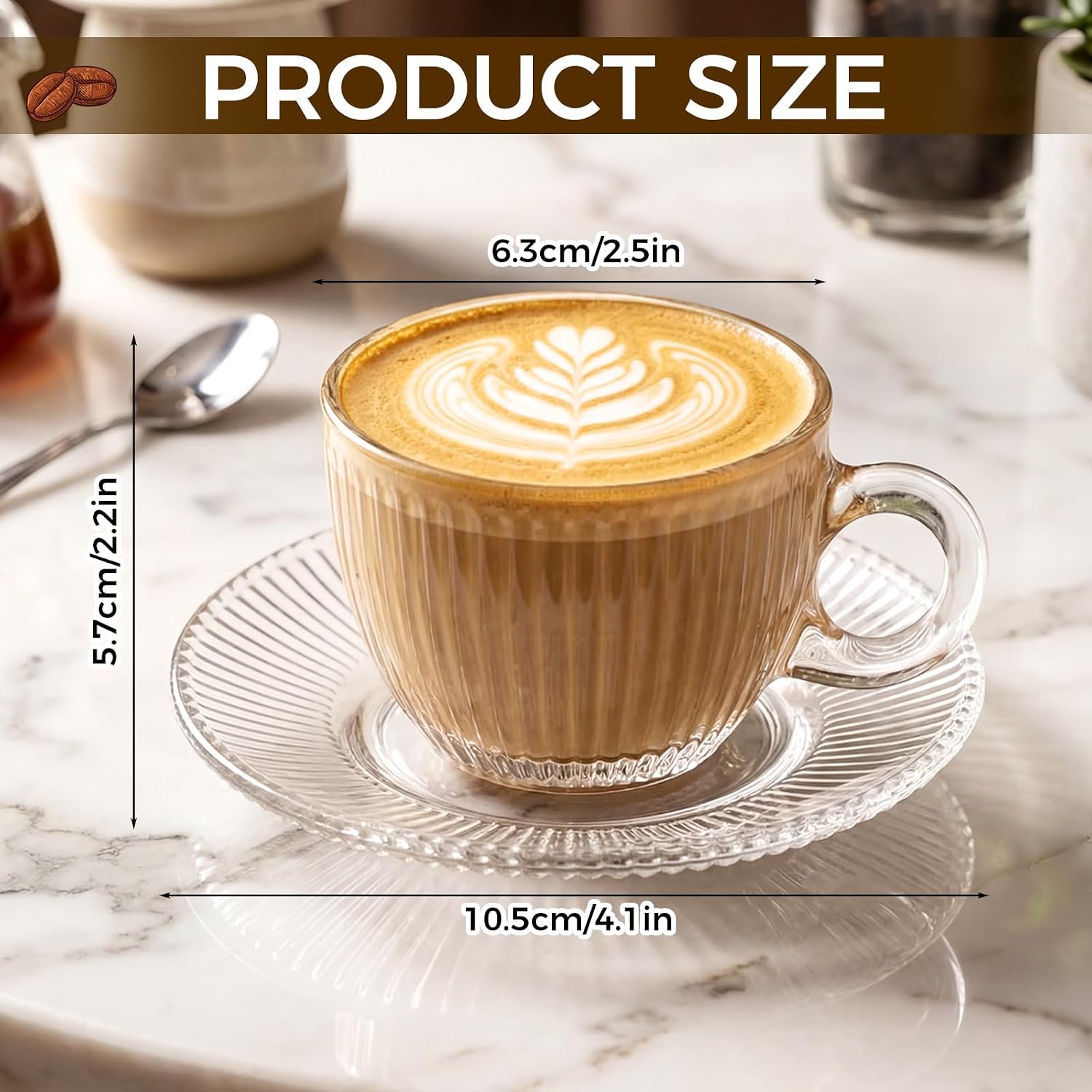 6 Sets of Glass Tea Cups with Saucers Vintage Coffee Mugs 2.8 oz Clear Espresso Cup with Handle Embossed Glassware for Hot Cold Beverages Americano Cappuccino Latte Tea