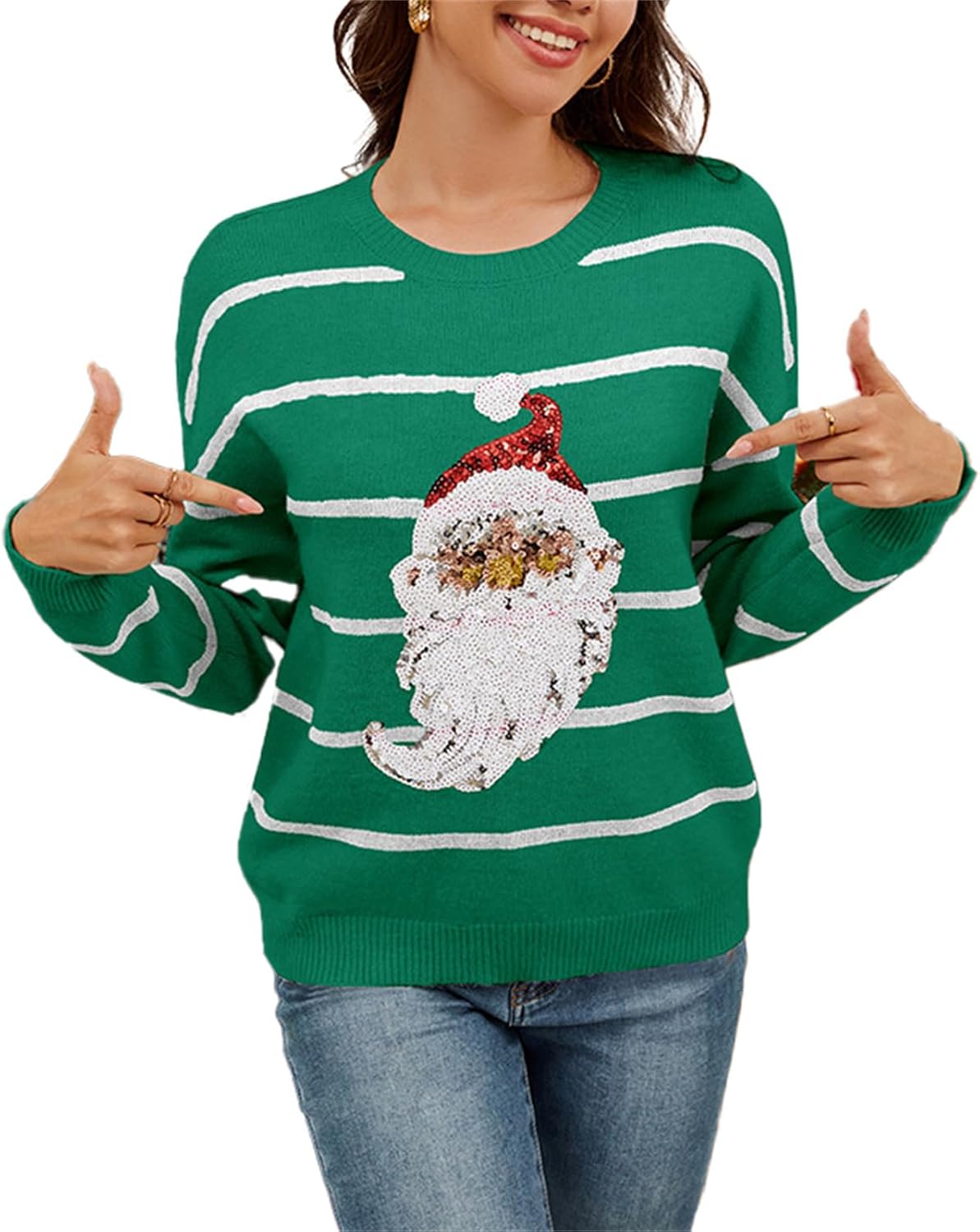 Christmas Sweaters for Women Cute Sequins Christmas Sweater Ugly Xmas Sweater Crewneck Holiday Knit Pullover Tops
