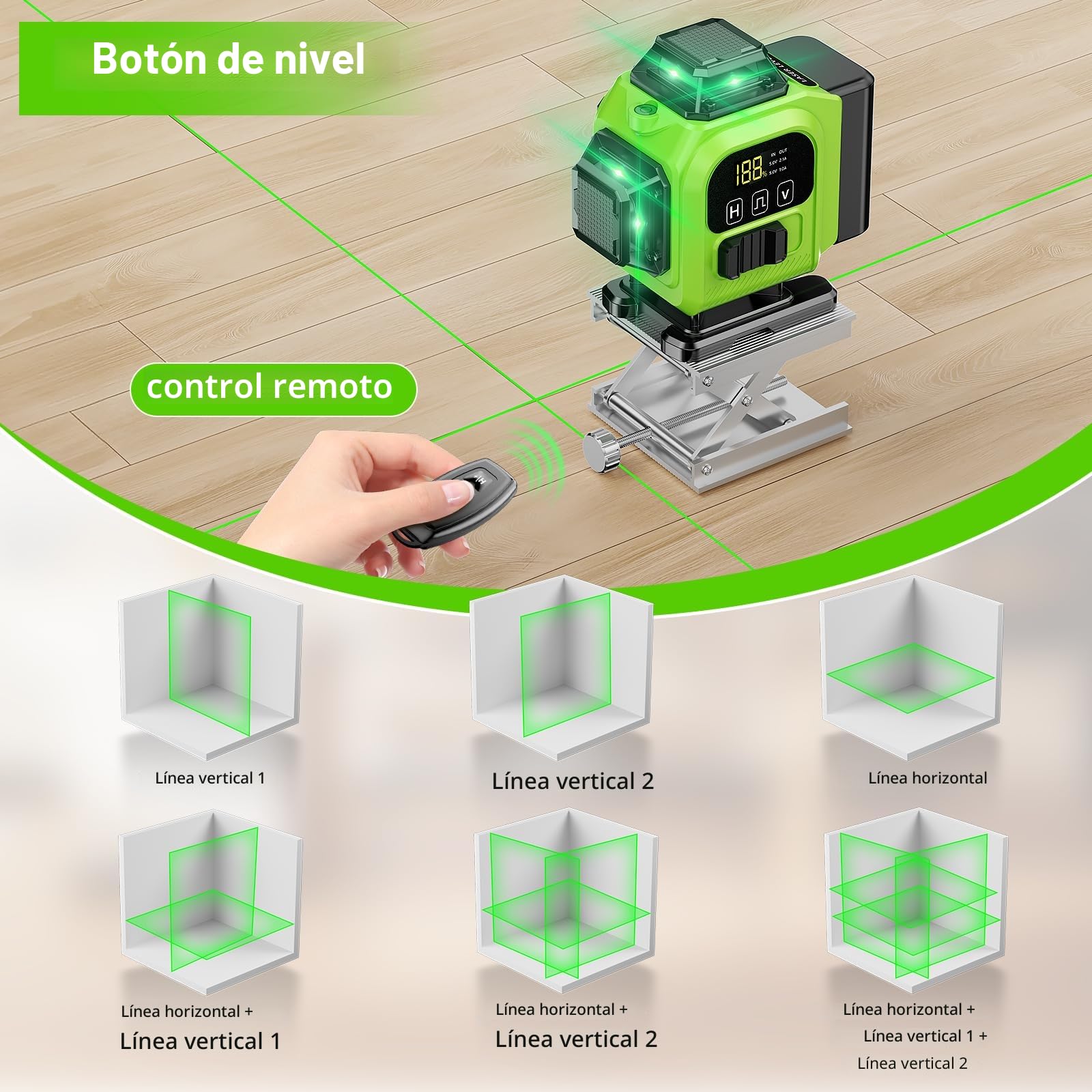 Nivel Laser Autonivelante 360 Grados, Nivel Láser Verde 16 Líneas, 2 x 360 Horizontal y 2 x 360 Verticales, 2 x Batería, Montaje en Pared, Control Remoto, Base Magnética, Soporte Giratorio, Trípode