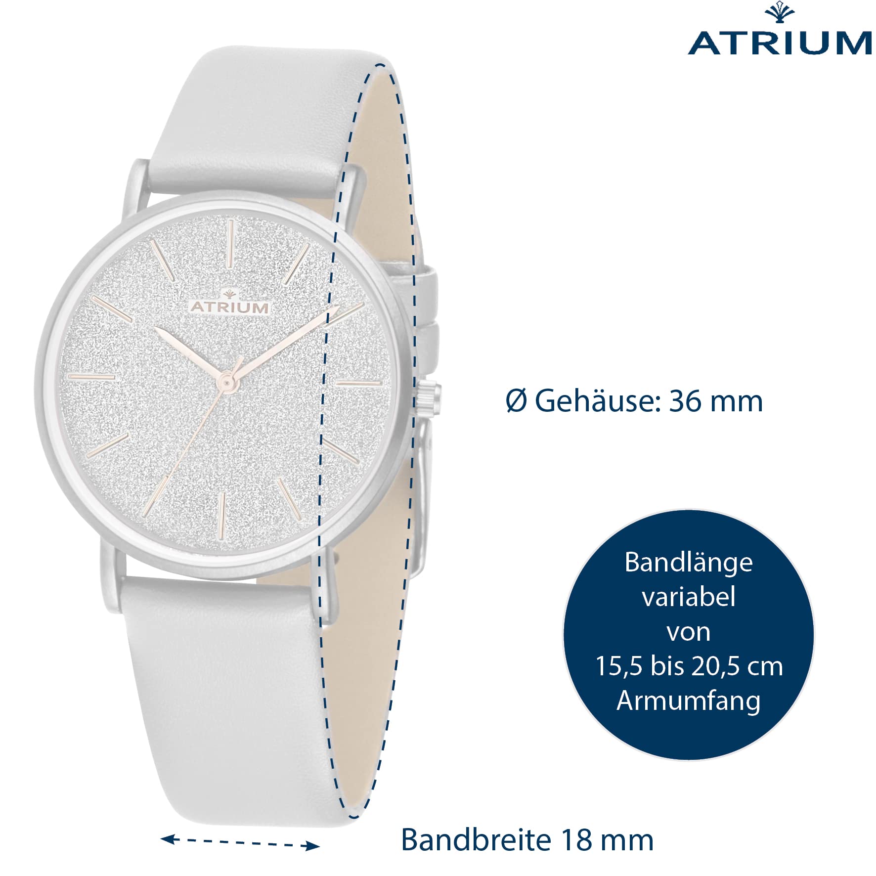 ATRIUM Damen Armbanduhr Analog Quarz mit Lederimitat Armband vegan und Glitzer Zifferblatt silberfarben A35-10