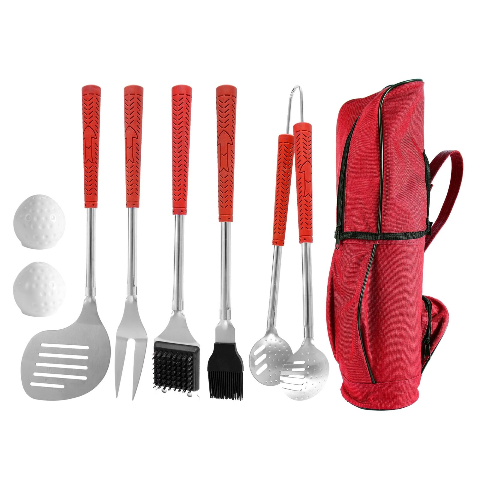 8 Stück Grillwerkzeug-Set mit Tragetasche Langstielig Grillbesteck-Set mit Tragetasche Edelstahl für Grill-Experte, Camping-Enthusiast, Grillvergnügen, Rot
