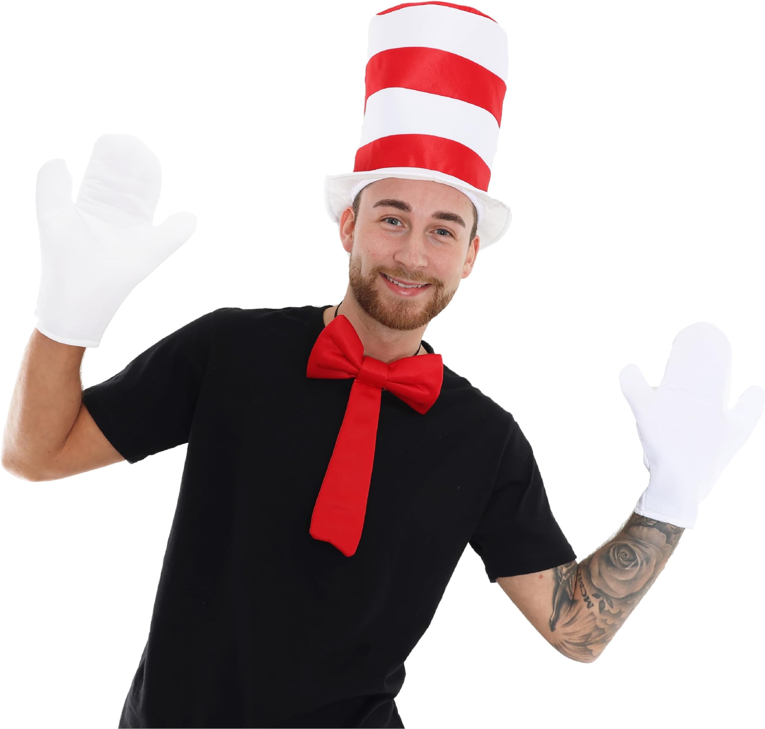 Adults Cat Hat Accessory Set - Red and White Striped Hat, Large White Gloves and Deluxe Red Bow Tie - Adults Book Week Fancy Dress Costume Accessories