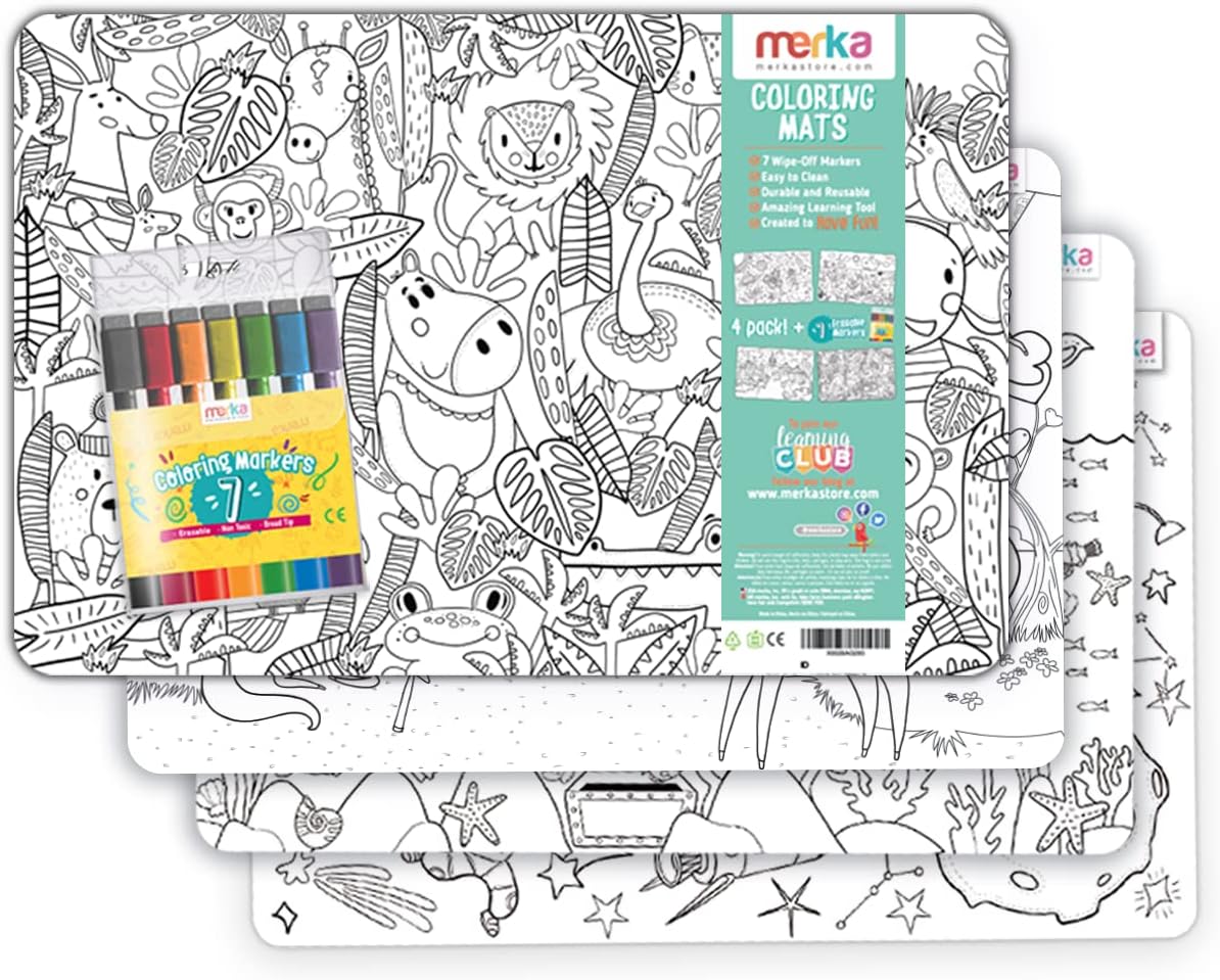 merka Drawing Pad for Kids Placemat 4 Mats with 7 Markers Jungle Space Sea Unicorns Learning Placemat for The Dining and Kitchen Table for Kids and Toddlers Ages 2-6