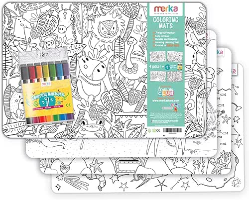 Merka 4-Pack Reusable Coloring Placemats for Kids with 7 Dry