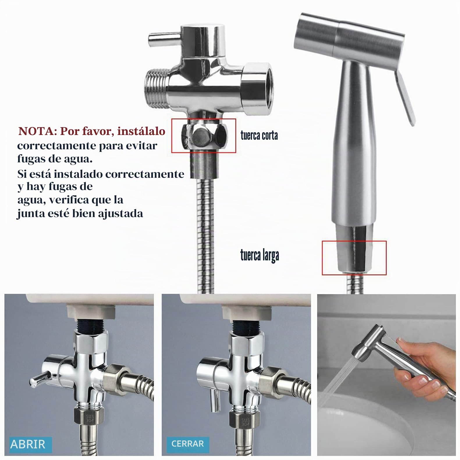 Vaporizador de baño ducha de mano bidé de acero inoxidable con válvula de 3 vías (1/2"-3/8") perfecta para higiene personal, cuidado de limpieza