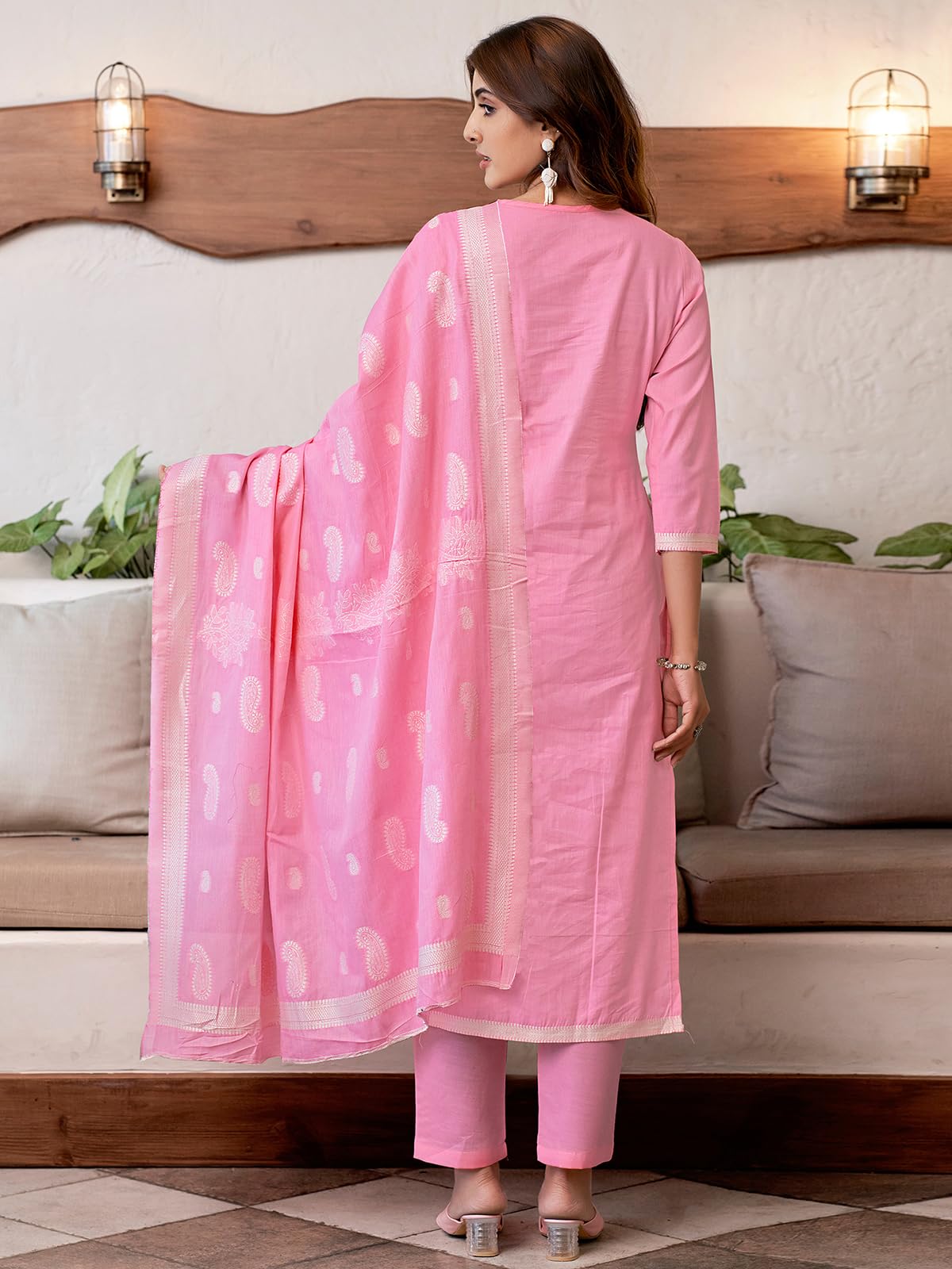 Sanisa Women's Cotton Jacquard Work Straight Kurta With Pant And Dupatta Set (212Kbd2244Na-Xxl_Pink & Off White)