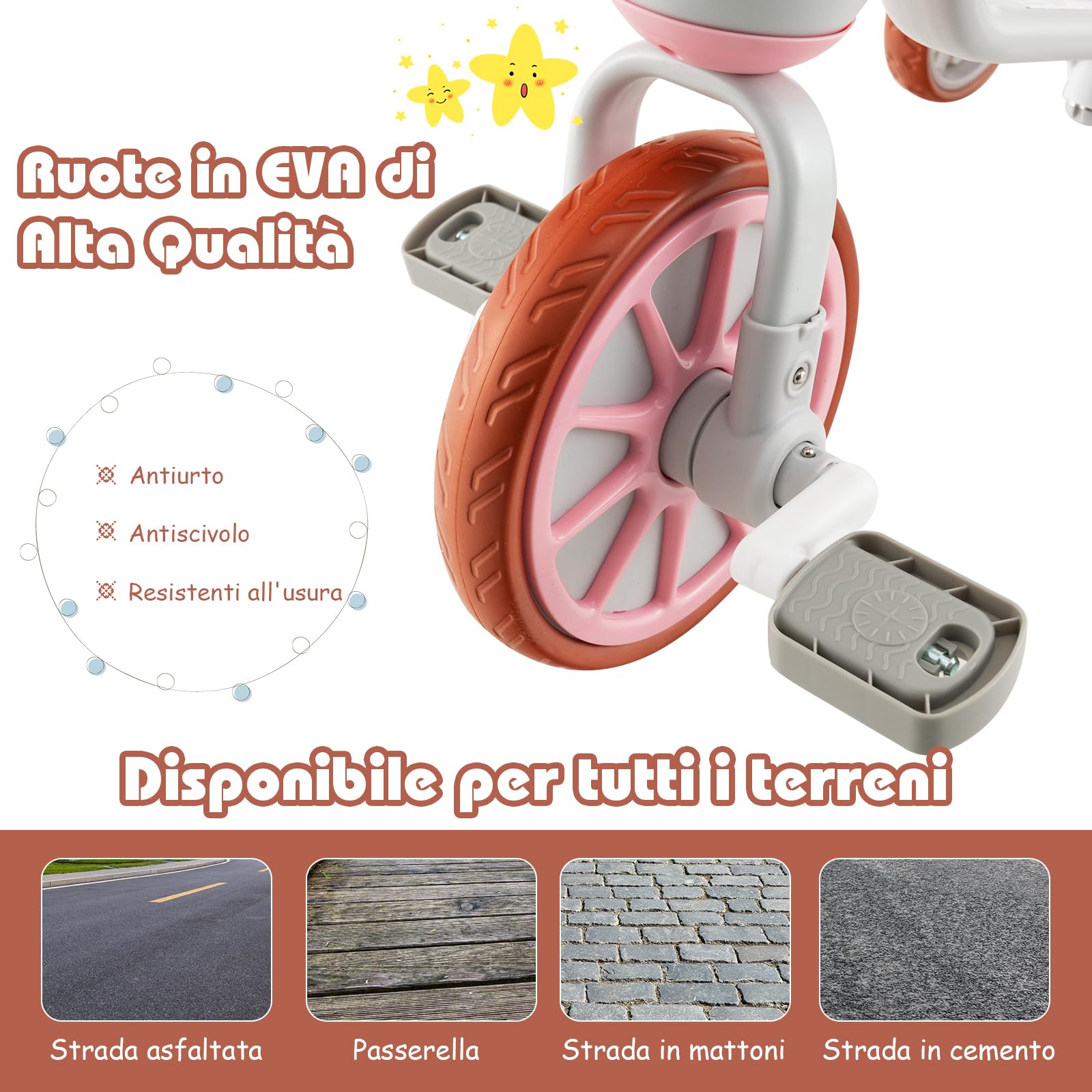 RELAX4LIFE 4 in 1 Triciclo per Bambini con Maniglione, Altezza Sedile a 2 Livelli, Maniglia di Spinta Regolabile e Pedali Rimovibili, Bicicletta Equilibrio per Bambini 2-4 anni (Rosa)