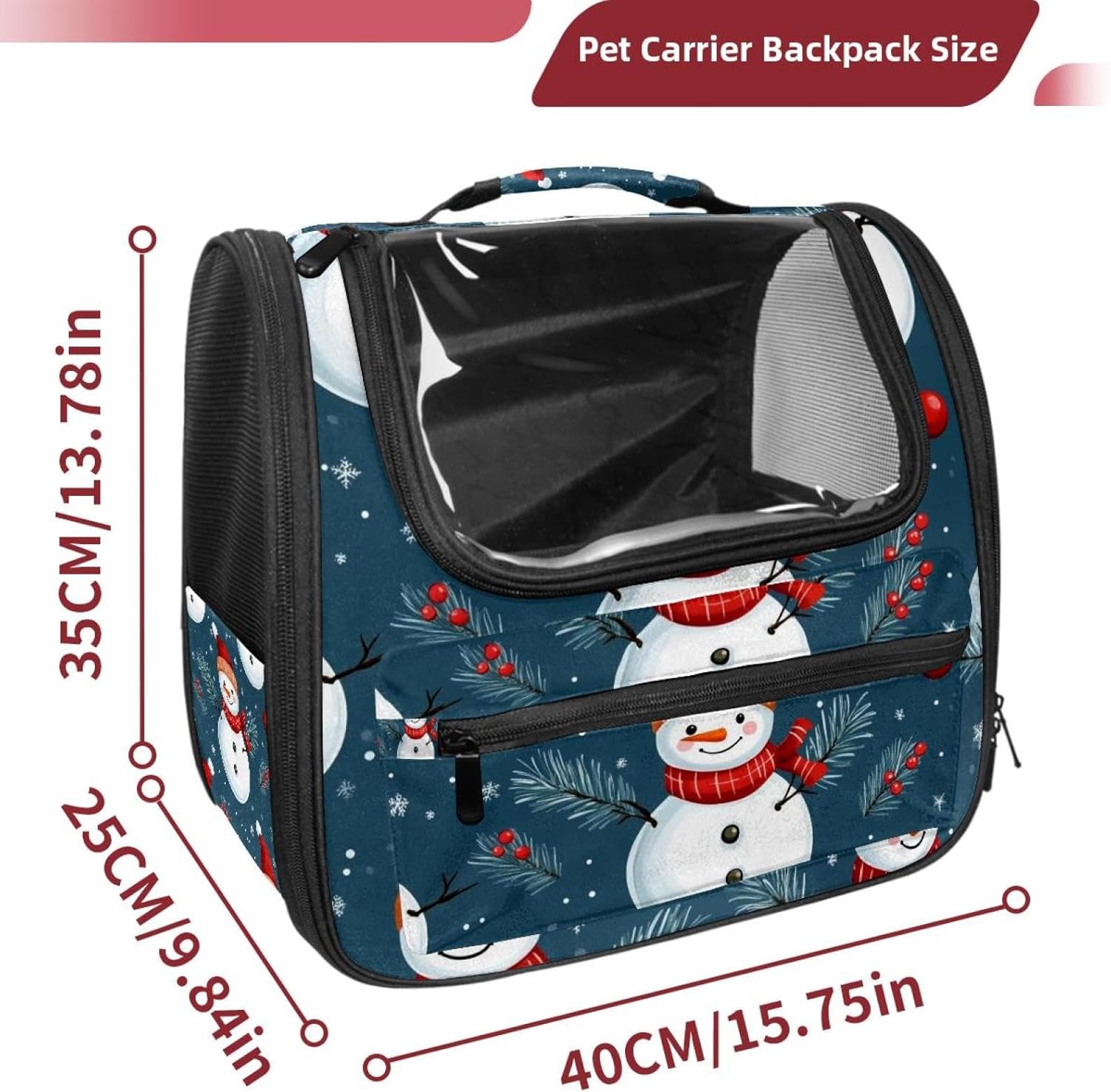 Merry Christmas Snowman Pet Carrier Airline Approved Soft Sided Portable Cozy Travel Pet Bag, Car Seat Safe Carrier for Cats and Dogs