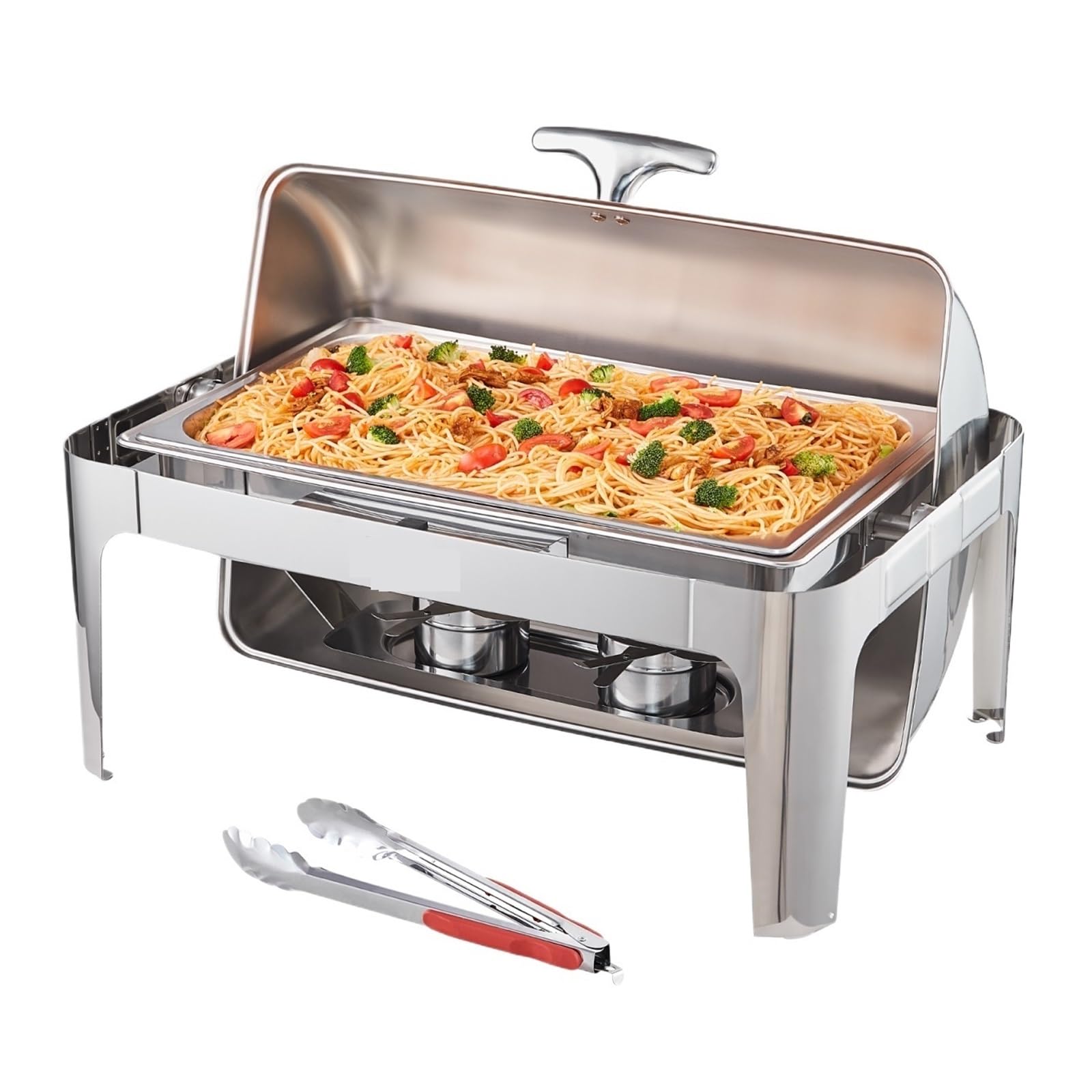 Plato De Frotamiento con Tapa Enrollable, Juego Buffet, Escalfador Acero Inoxidable 8 Cuartos Sartén Tamaño Completo, Calentador Catering Rectangular, Servidor Calor Duradero