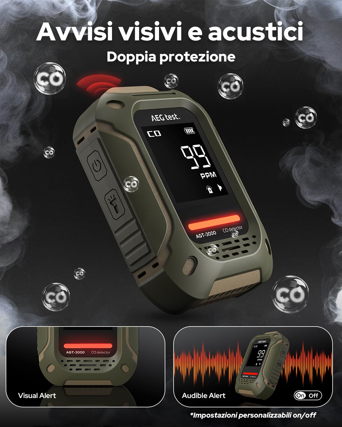 AGT-3000 Rilevatore portatile di monossido di carbonio, standby 240 h, sensore CO aggiornato per viaggi, rilevatore CO ricaricabile con allarmi sonori e visivi per campeggio, 0–1000 ppm