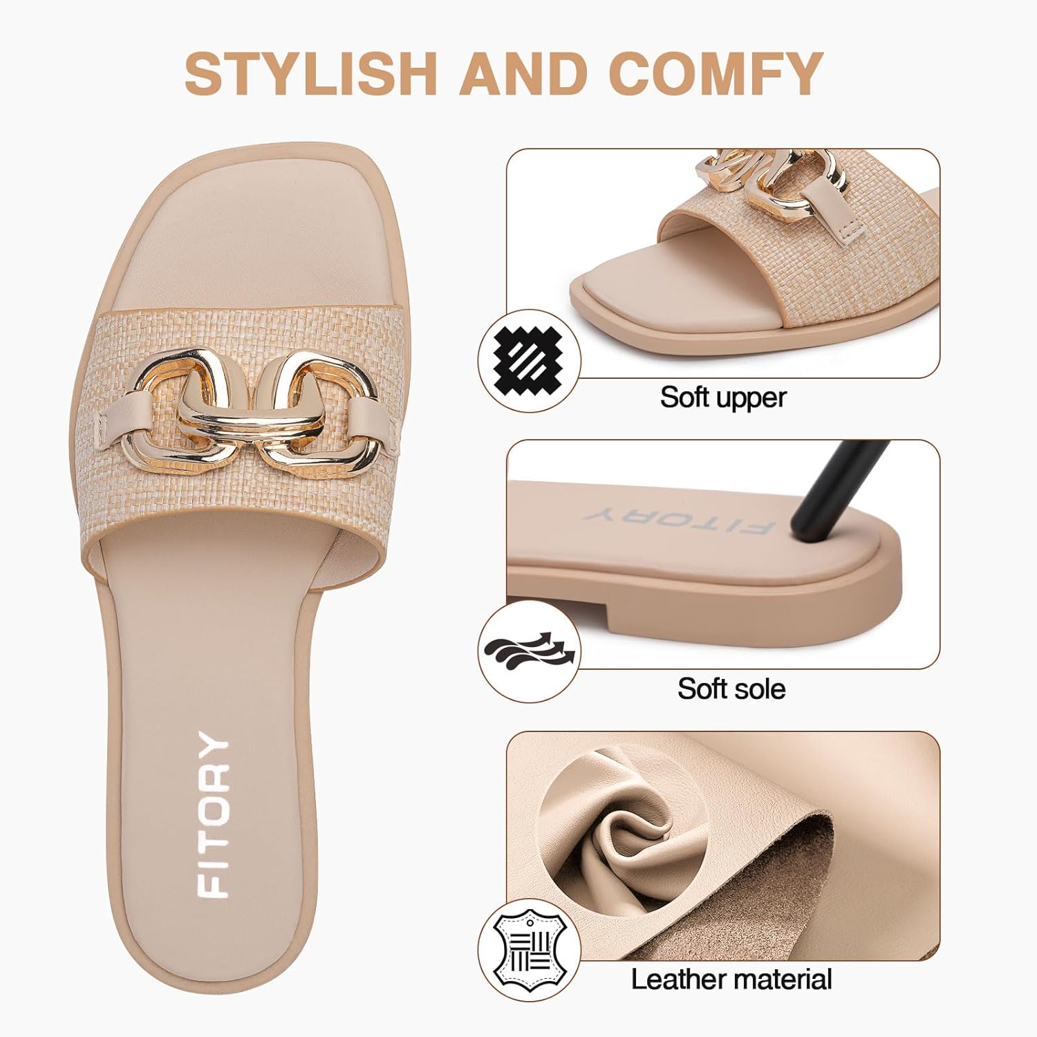 FITORY Women's Flat Sandals Fashion Slides With Soft Leather Slippers for Summer Size 6-11 - Image 2