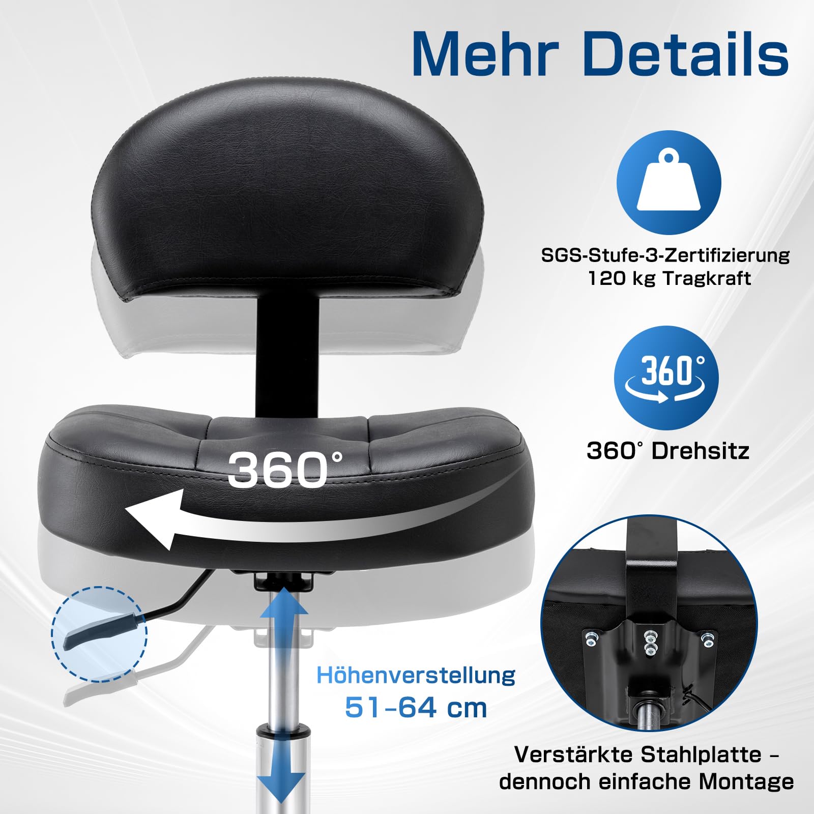 Rollhocker mit Lehne - Hocker mit Rollen und breitem, rechteckigem Sitzkissen | Rollhocker höhenverstellbar 51-64cm | Drehhocker mit Rollen mit gleichmäßigem Lauf | Ideal für Salon, Kosmetik (Tinte)