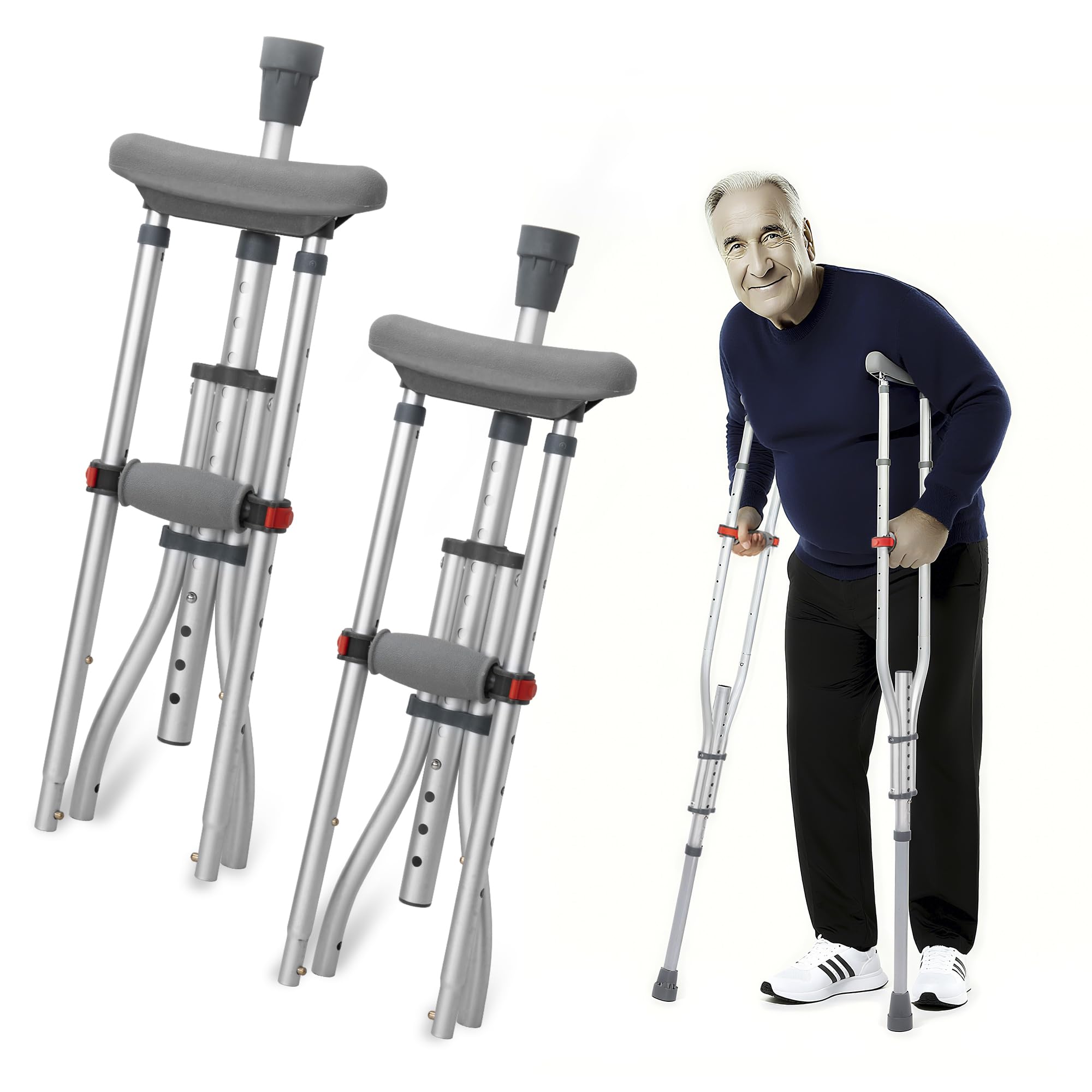 OUUTMEE Béquilles sous Aisselle Pliables en Aluminium, Paire, Jusqu'à 150KG | Réglable en Hauteur: 98~158CM, Appui Axillaire Léger, Pour Marche, Blessures et Rééducation