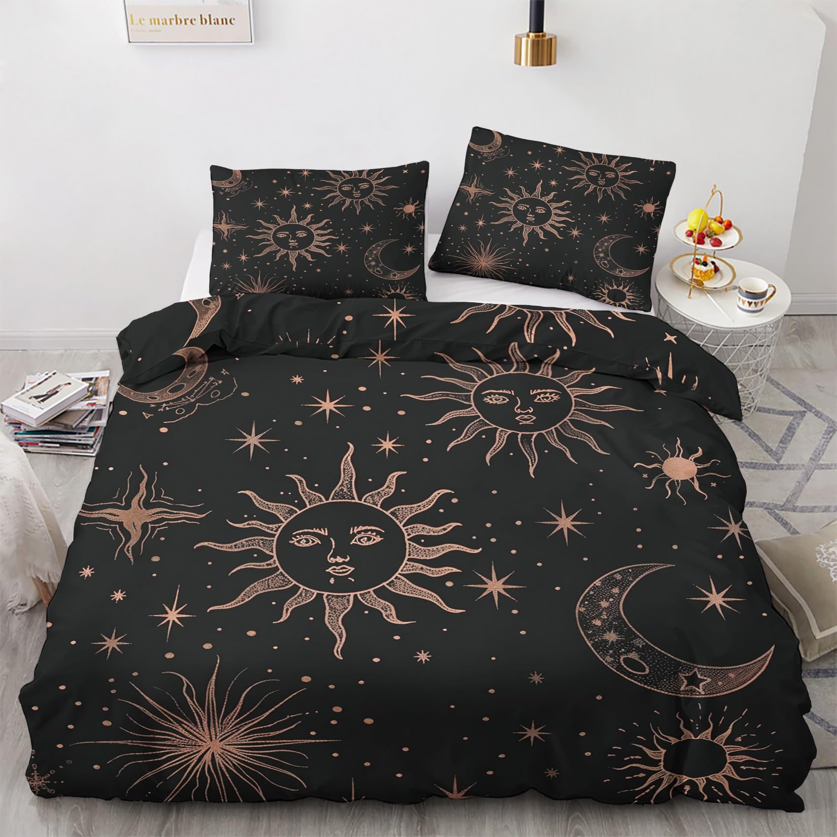 NOGAWA Sun and Moon Bedding Double - Celestial Duvet Cover Double, Reversible Quilt Cover & 2 Pillowcases with Zip and Ties, Ultra Soft and Breathable Brushed Microfibre Bed Set