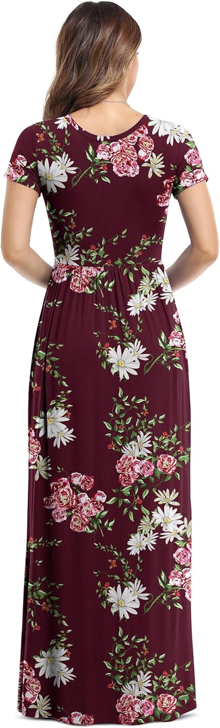 VIISHOW Women's Short Sleeve Floral Printed Dress Loose Plain Maxi Dresses Casual Long Dresses with Pockets(Floral Wine red S) - Image 3