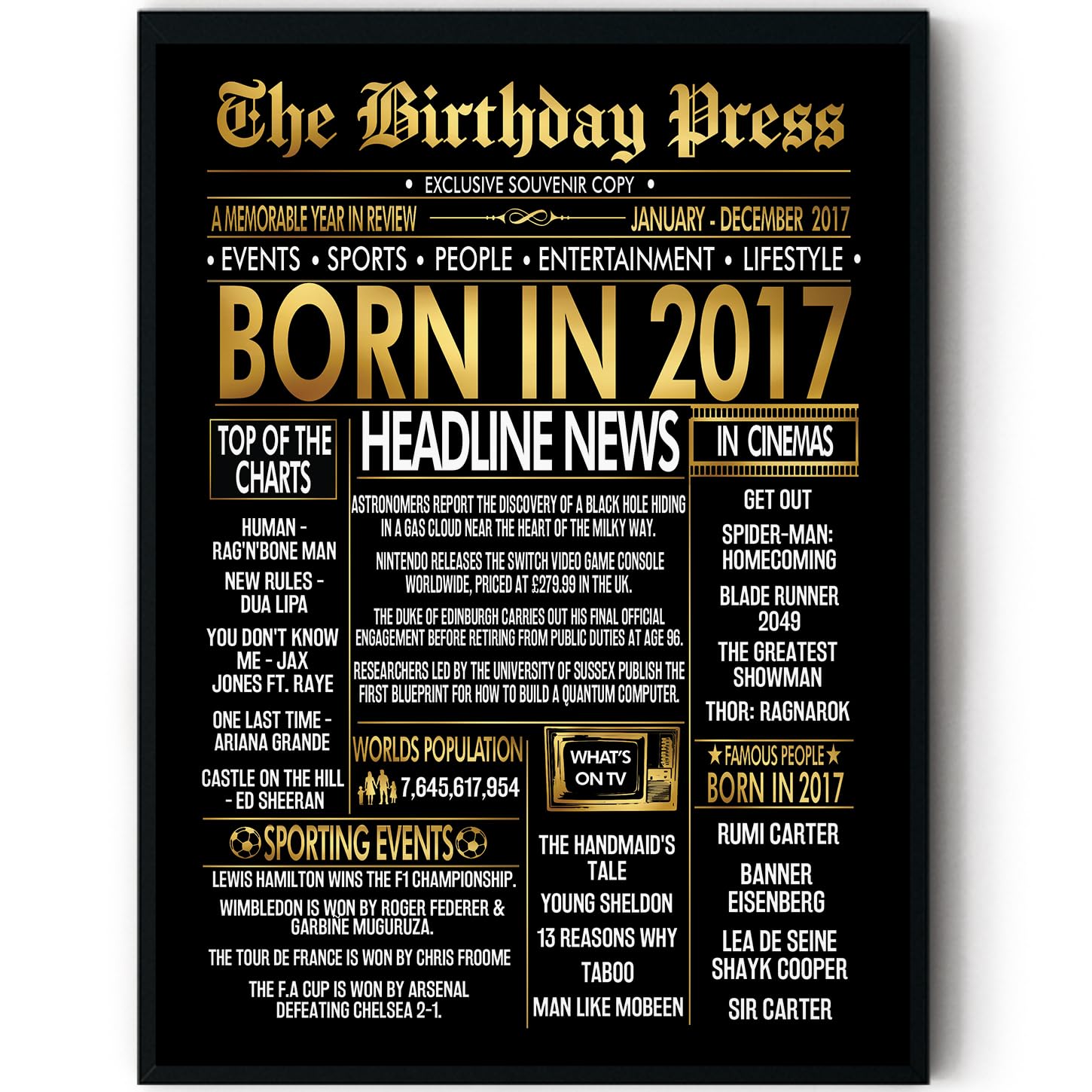 Stuff4 Men's 2017 Gold 9Th Birthday Poster Framed, Golden Born In Newspaper
