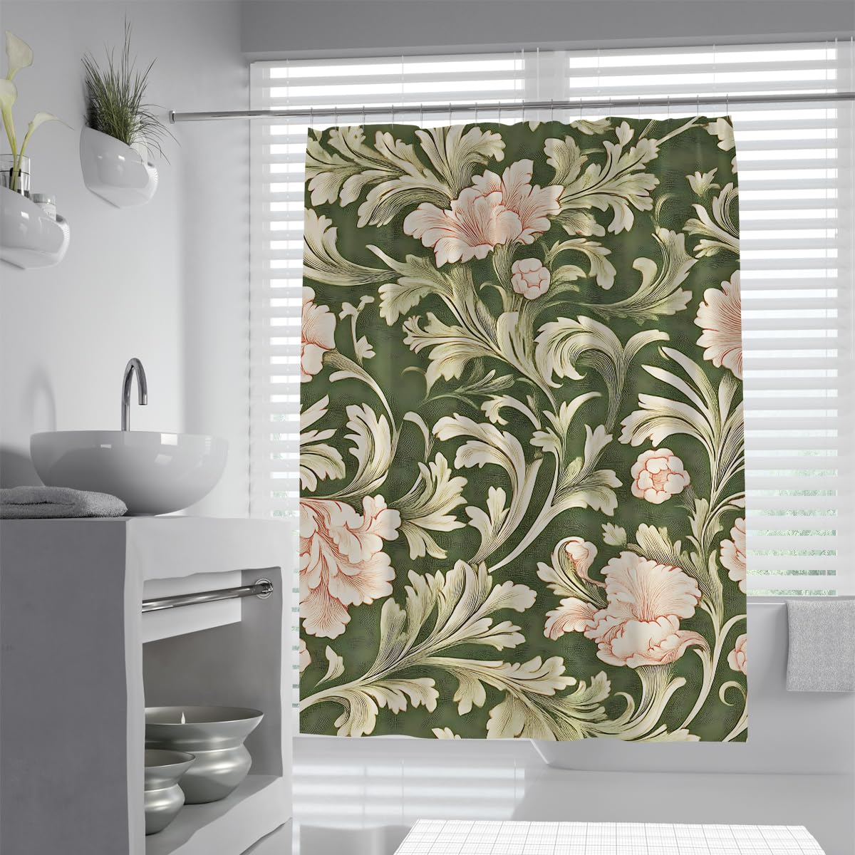 OLLIAR Home Vintage Floral Shower Curtain with Hooks 180x180 Peony Flower Blossom Bathroom Curtain Dark Green Botanical Waterproof Polyester Fabric Bathroom Accessories