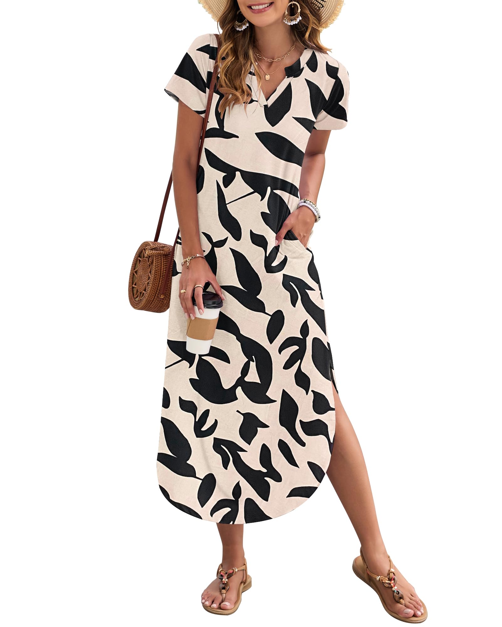 AUSELILY Damen Sommer Maxikleid Kurzarm V-Ausschnitt Lockeres Strandkleid mit Seitenschlitz für Urlaub
